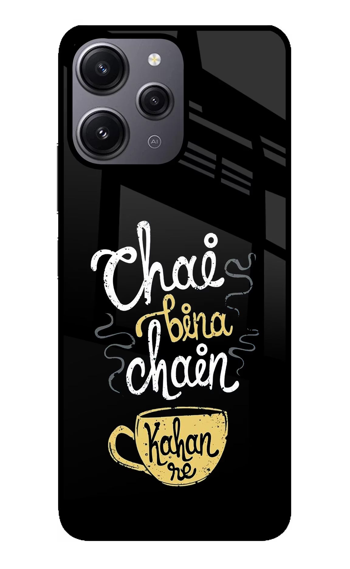 Chai Bina Chain Kaha Re Redmi 12 4G Glass Case Back Cover by Casekaro