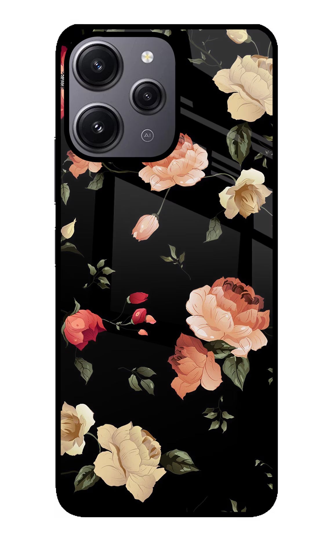 Flowers Redmi 12 4G Back Cover - Flowers Redmi 12 4G Glass Case Back Cover by Casekaro Flowers Redmi 12 4G Glass Case Back Cover by Casekaro