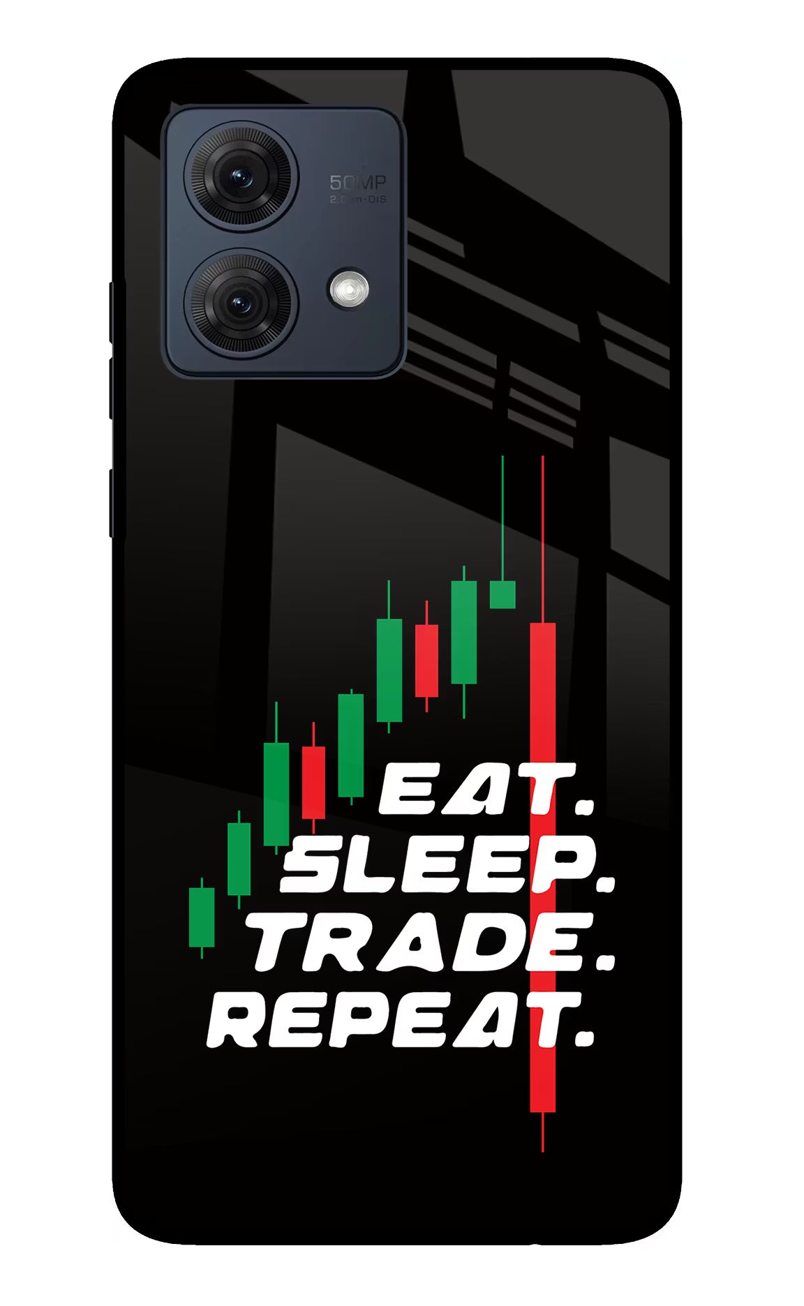 Eat Sleep Trade Repeat Moto G54 5G Glass Case Back Cover by Casekaro