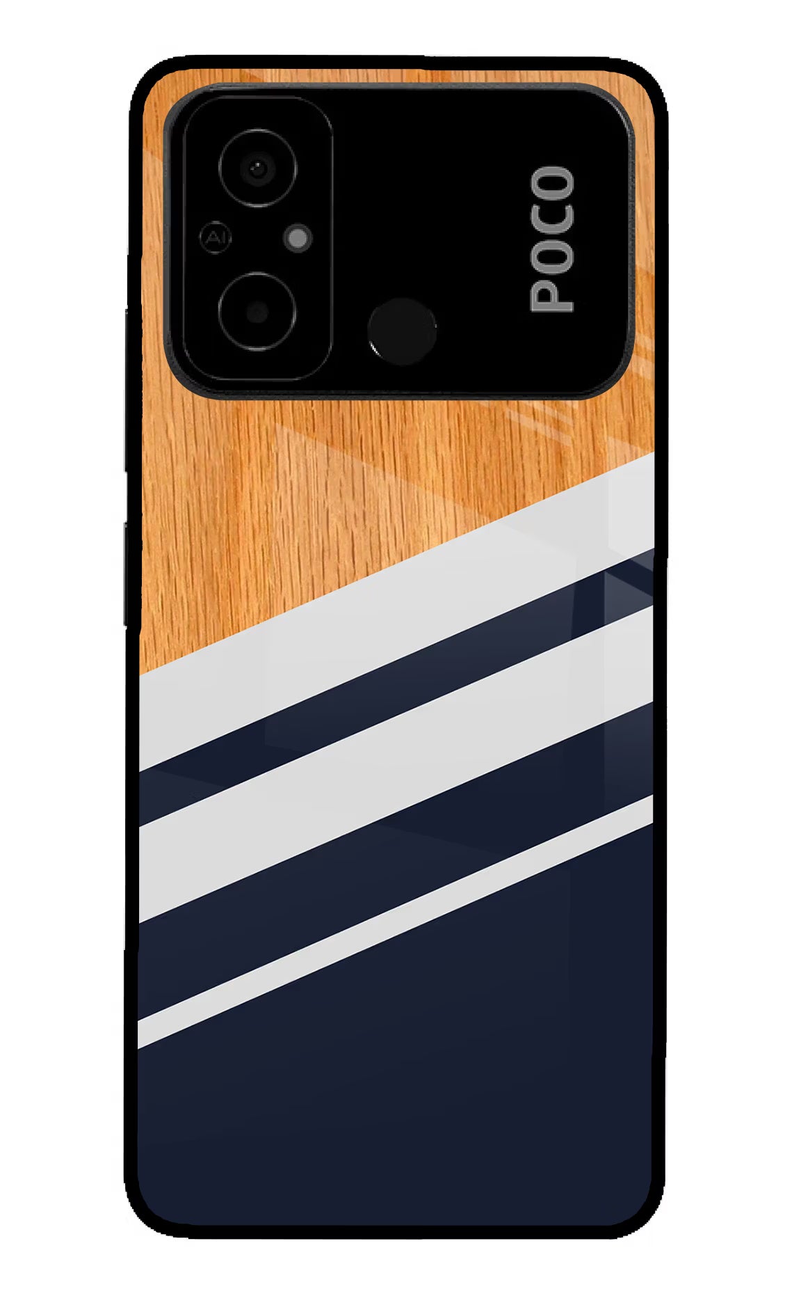 Blue and white wooden Poco C55 Glass Case - Blue and white wooden Poco C55 Glass Case Blue and white wooden Poco C55 Glass Case