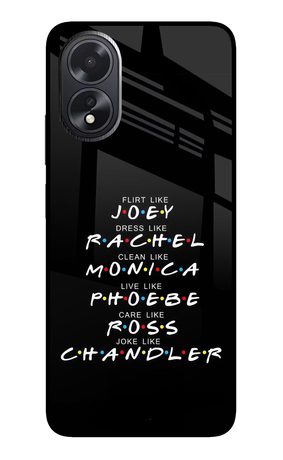 FRIENDS Character Oppo A18/Oppo A38 Back Cover - FRIENDS Character Oppo A18/Oppo A38 Glass Case Back Cover by Casekaro FRIENDS Character Oppo A18/Oppo A38 Glass Case Back Cover by Casekaro