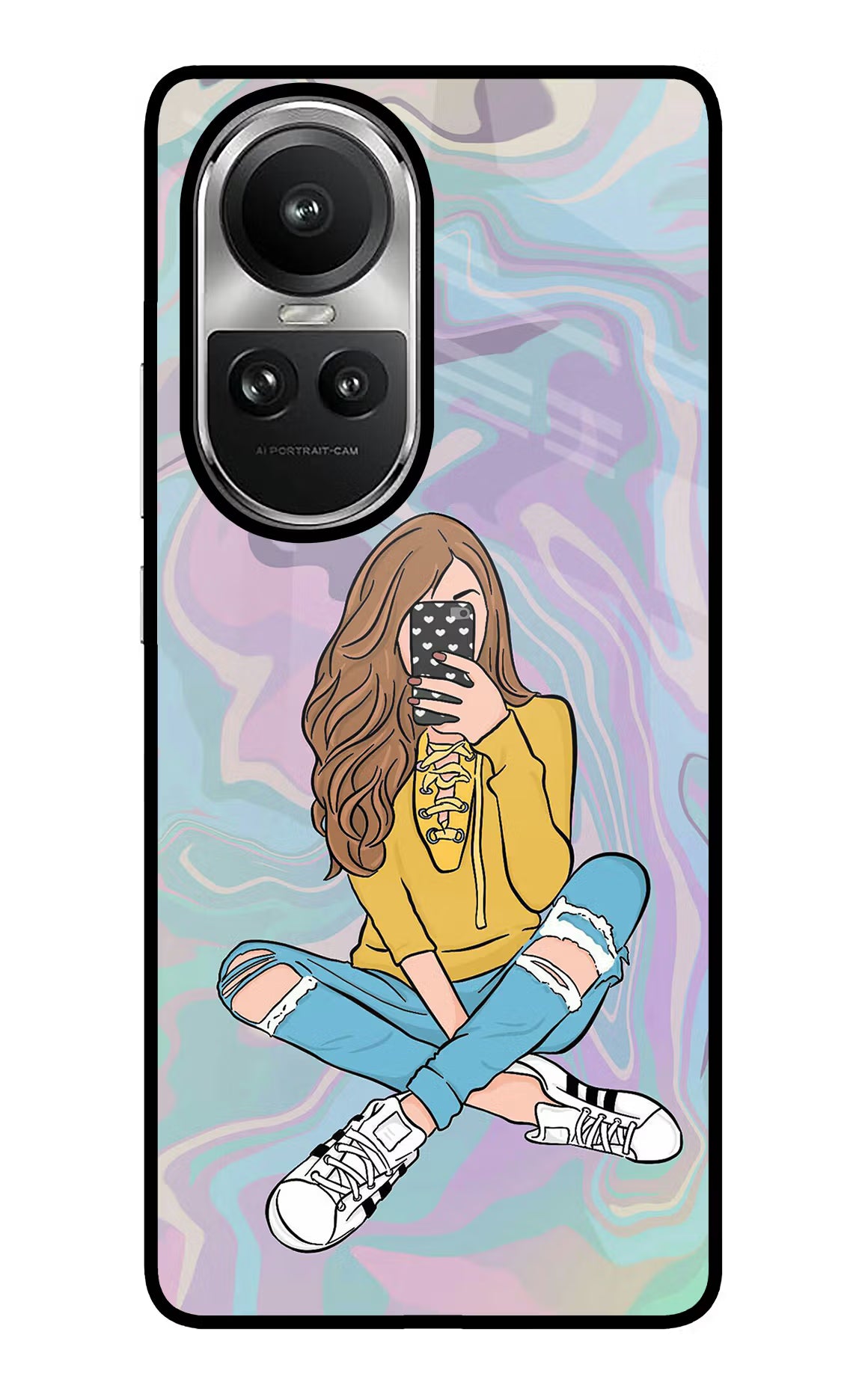 Selfie Girl Oppo Reno10 5G/10 Pro 5G Back Cover - Selfie Girl Oppo Reno10 5G/10 Pro 5G Glass Case Back Cover by Casekaro Selfie Girl Oppo Reno10 5G/10 Pro 5G Glass Case Back Cover by Casekaro