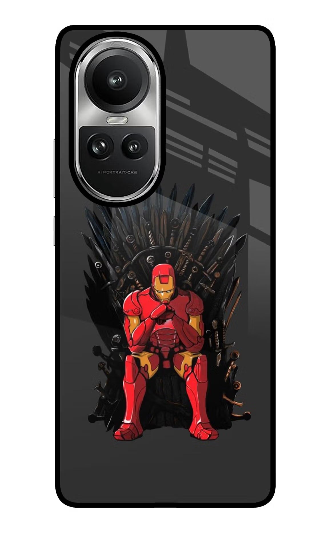Ironman Throne Oppo Reno10 5G/10 Pro 5G Back Cover - Ironman Throne Oppo Reno10 5G/10 Pro 5G Glass Case Back Cover by Casekaro Ironman Throne Oppo Reno10 5G/10 Pro 5G Glass Case Back Cover by Casekaro