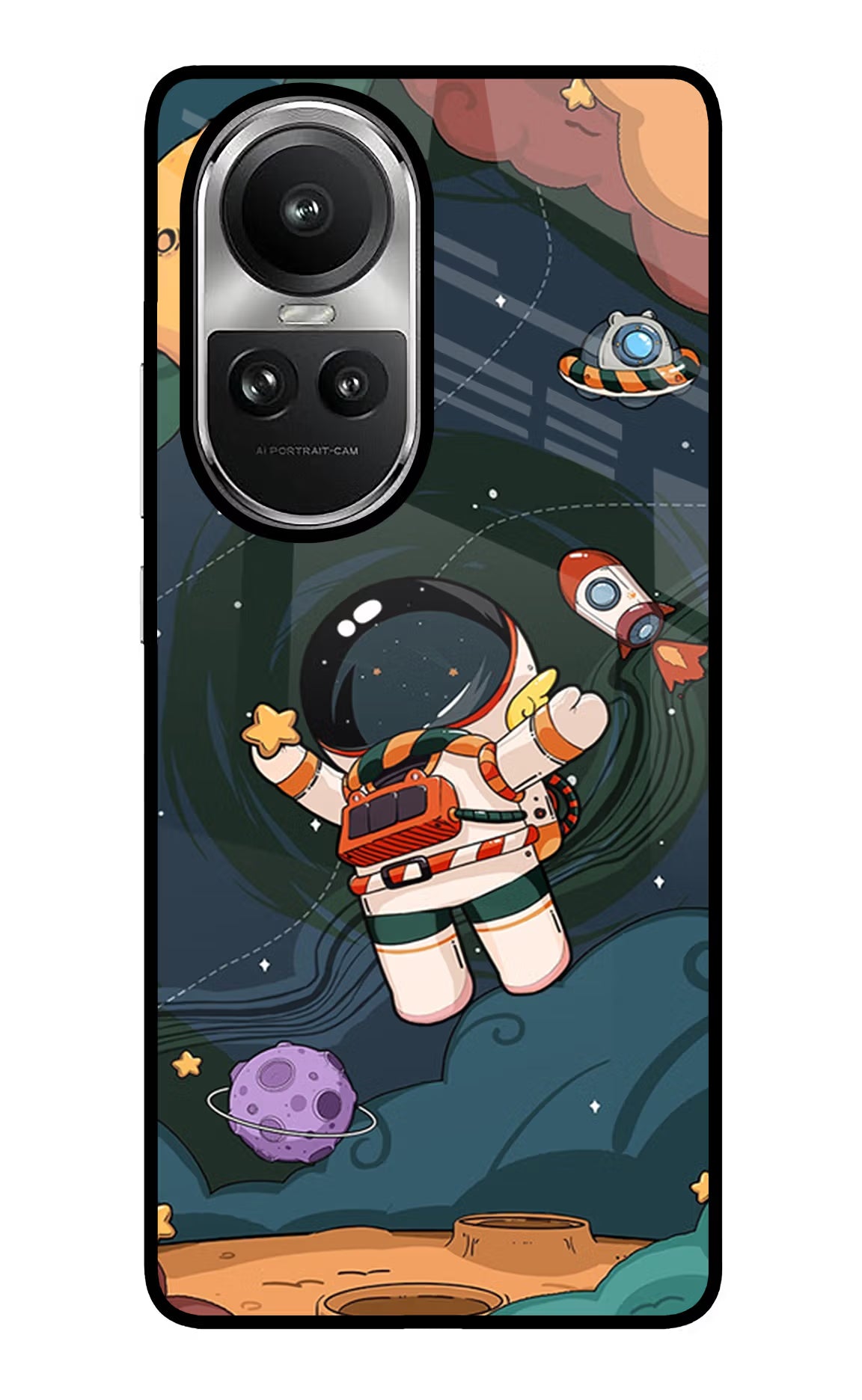 Cartoon Astronaut Oppo Reno10 5G/10 Pro 5G Back Cover - Cartoon Astronaut Oppo Reno10 5G/10 Pro 5G Glass Case Back Cover by Casekaro Cartoon Astronaut Oppo Reno10 5G/10 Pro 5G Glass Case Back Cover by Casekaro