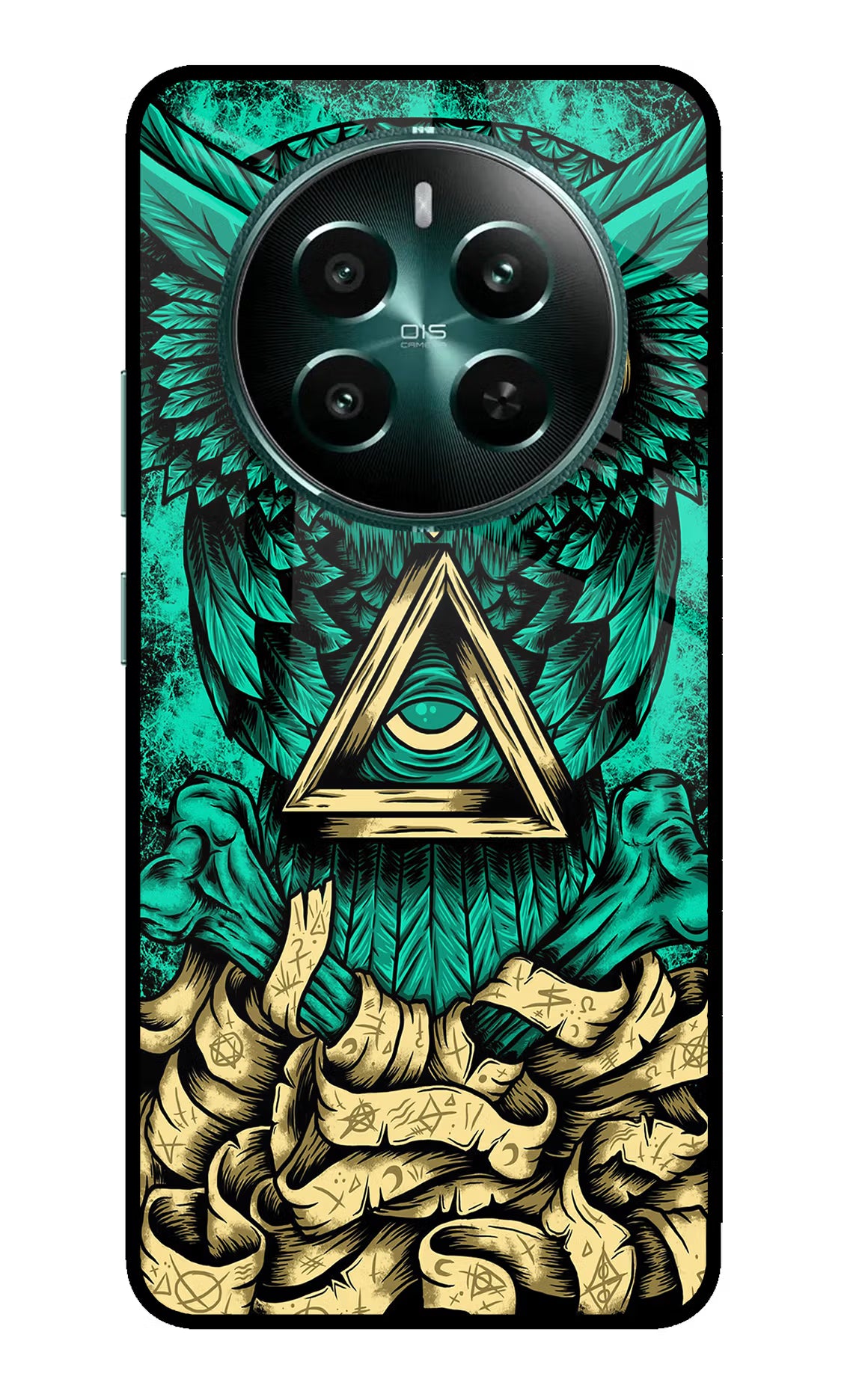 Green Owl Realme 12+ 5G Back Cover - Green Owl Realme 12+ 5G Glass Case Back Cover by Casekaro Green Owl Realme 12+ 5G Glass Case Back Cover by Casekaro