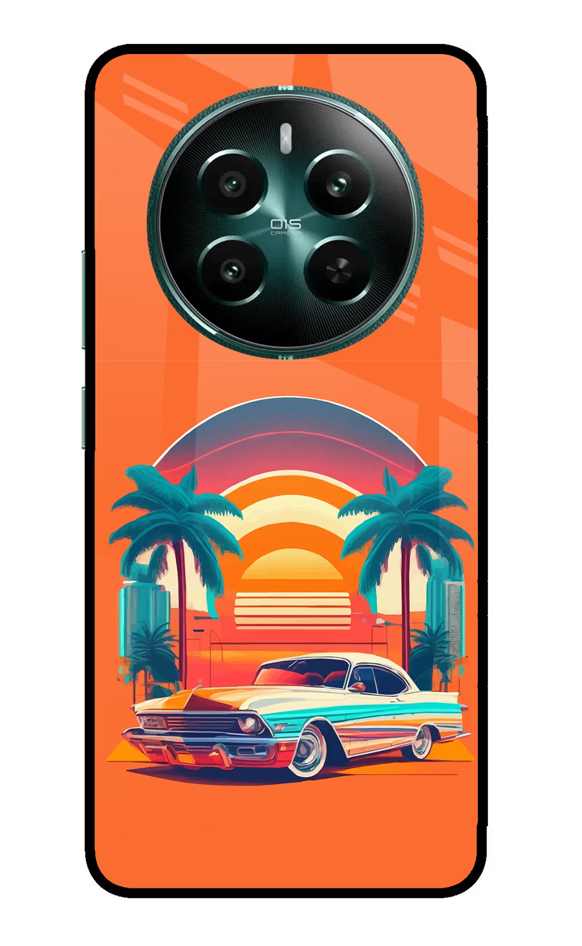 Palm Drive 80s Realme 12+ 5G Back Cover - Palm Drive 80s Realme 12+ 5G Glass Case Back Cover by Casekaro Palm Drive 80s Realme 12+ 5G Glass Case Back Cover by Casekaro