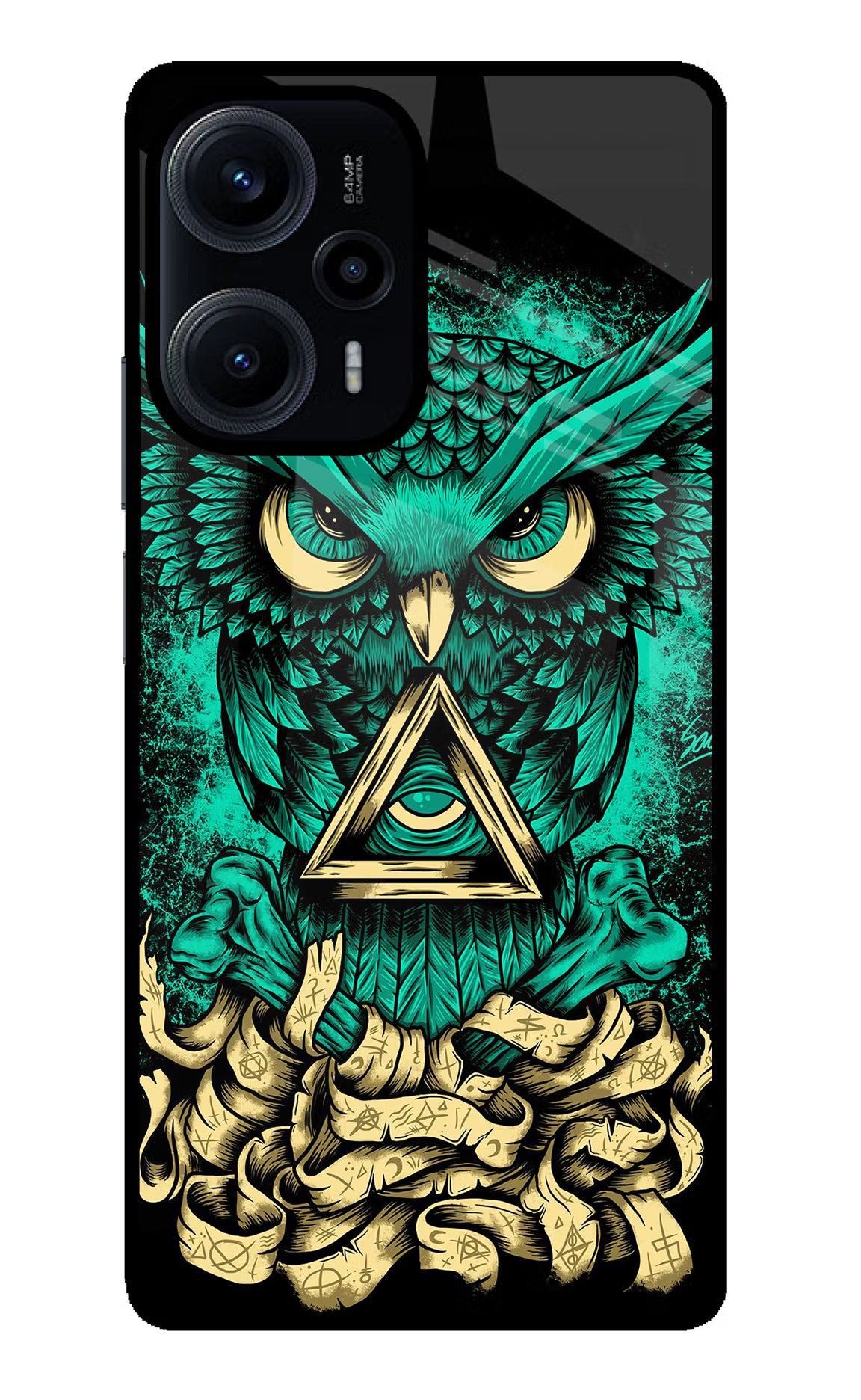 Green Owl Poco F5 5G Back Cover - Green Owl Poco F5 5G Glass Case Back Cover by Casekaro Green Owl Poco F5 5G Glass Case Back Cover by Casekaro
