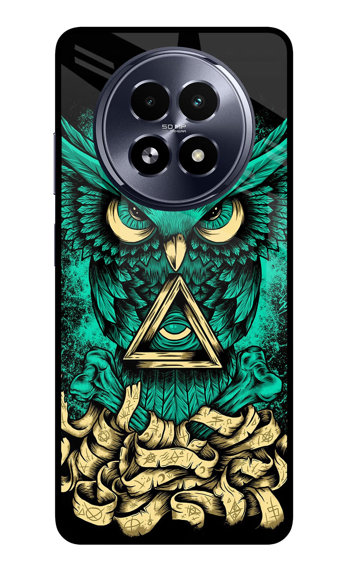 Green Owl Realme 13 5G Back Cover - Green Owl Realme 13 5G Glass Case Back Cover by Casekaro Green Owl Realme 13 5G Glass Case Back Cover by Casekaro