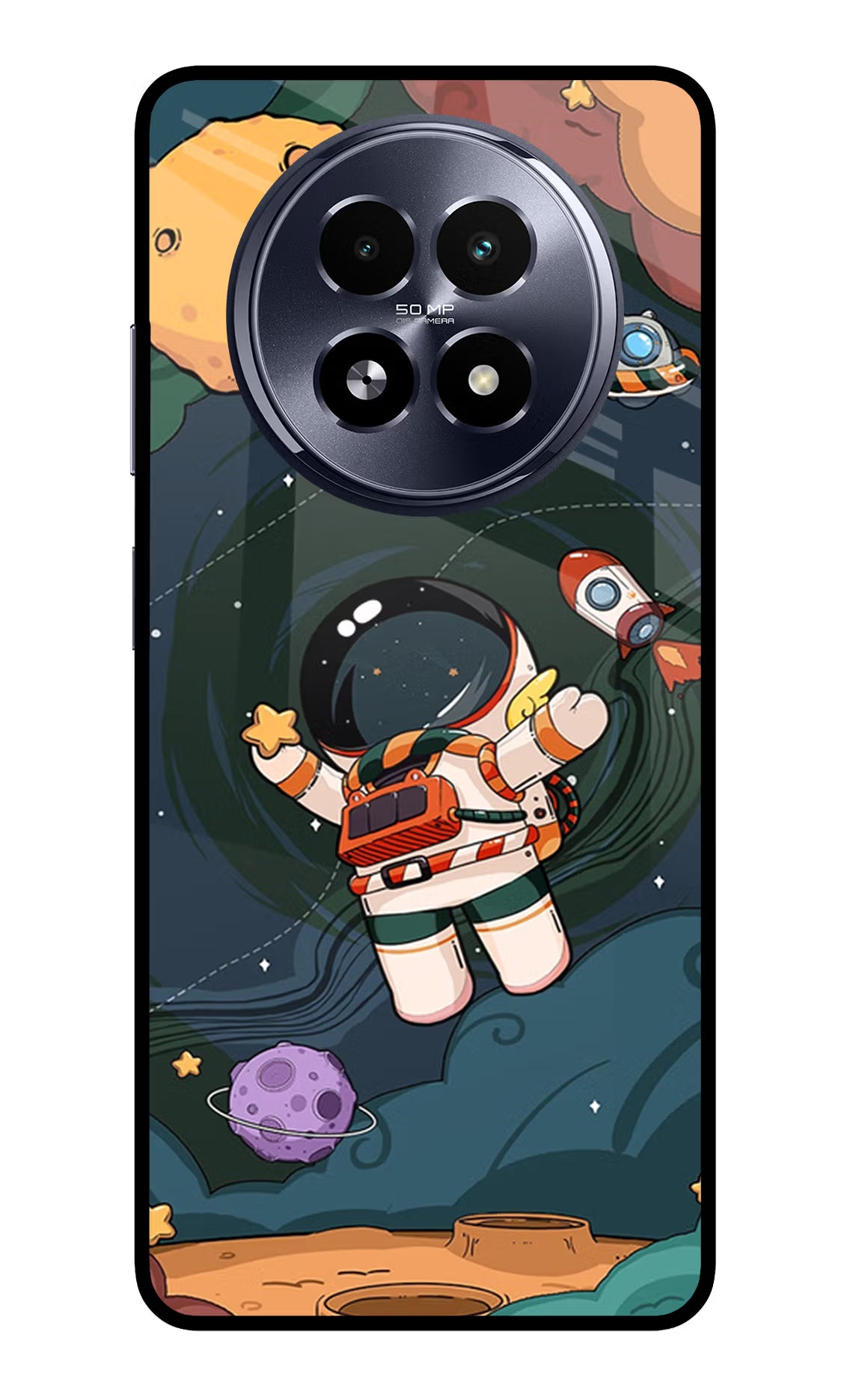 Cartoon Astronaut Realme 13 5G Back Cover - Cartoon Astronaut Realme 13 5G Glass Case Back Cover by Casekaro Cartoon Astronaut Realme 13 5G Glass Case Back Cover by Casekaro
