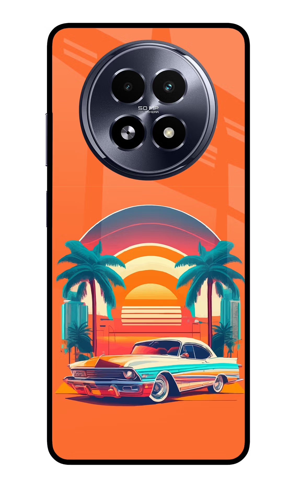 Palm Drive 80s Realme 13 5G Back Cover - Palm Drive 80s Realme 13 5G Glass Case Back Cover by Casekaro Palm Drive 80s Realme 13 5G Glass Case Back Cover by Casekaro