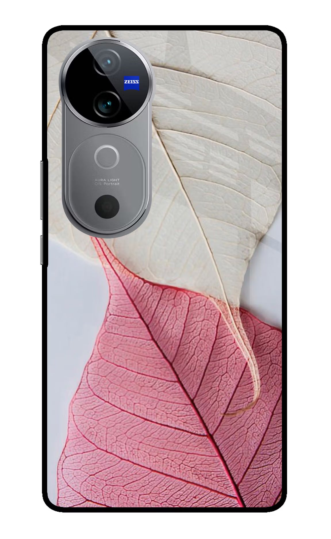 White Pink Leaf Vivo V40 5G Back Cover - White Pink Leaf Vivo V40 5G Glass Case Back Cover by Casekaro White Pink Leaf Vivo V40 5G Glass Case Back Cover by Casekaro