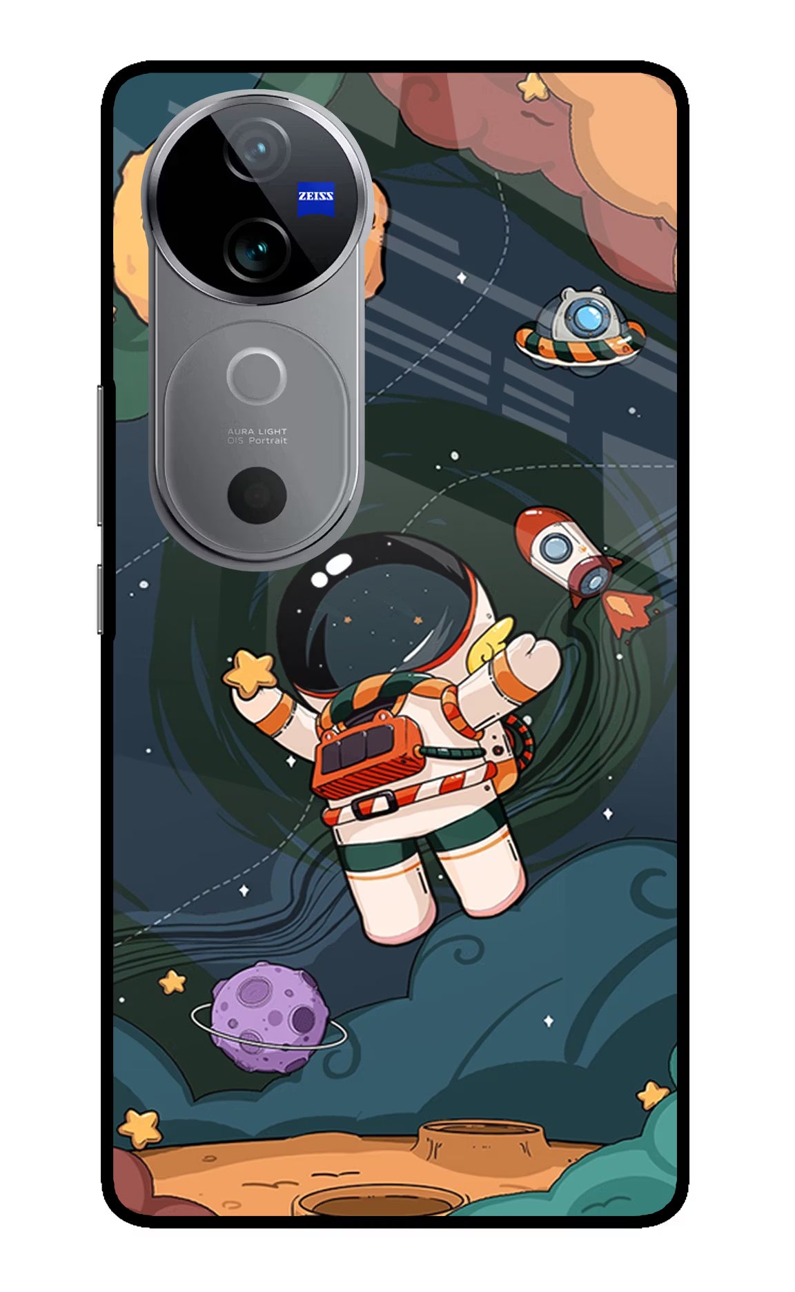 Cartoon Astronaut Vivo V40 5G Back Cover - Cartoon Astronaut Vivo V40 5G Glass Case Back Cover by Casekaro Cartoon Astronaut Vivo V40 5G Glass Case Back Cover by Casekaro