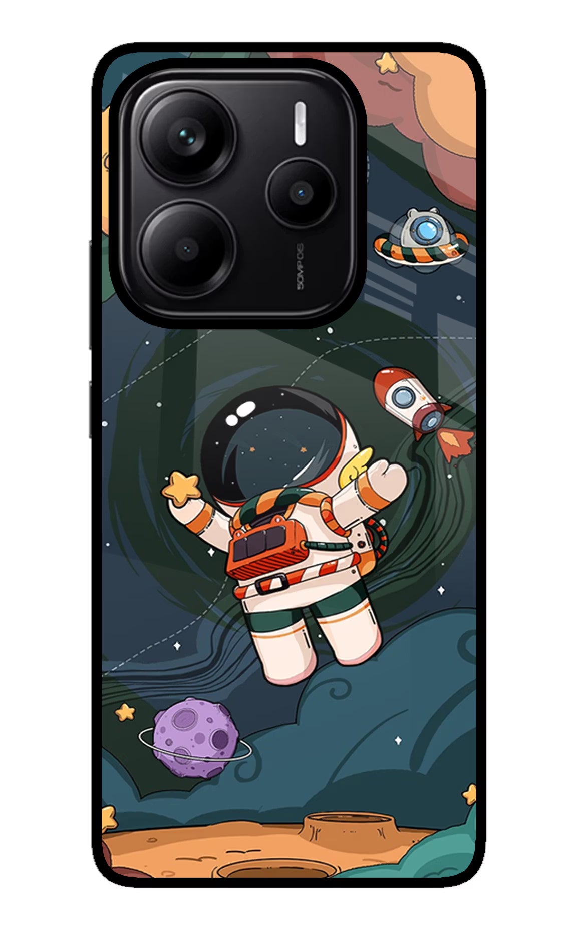 Cartoon Astronaut Redmi Note 14 5G Glass Case Back Cover by Casekaro