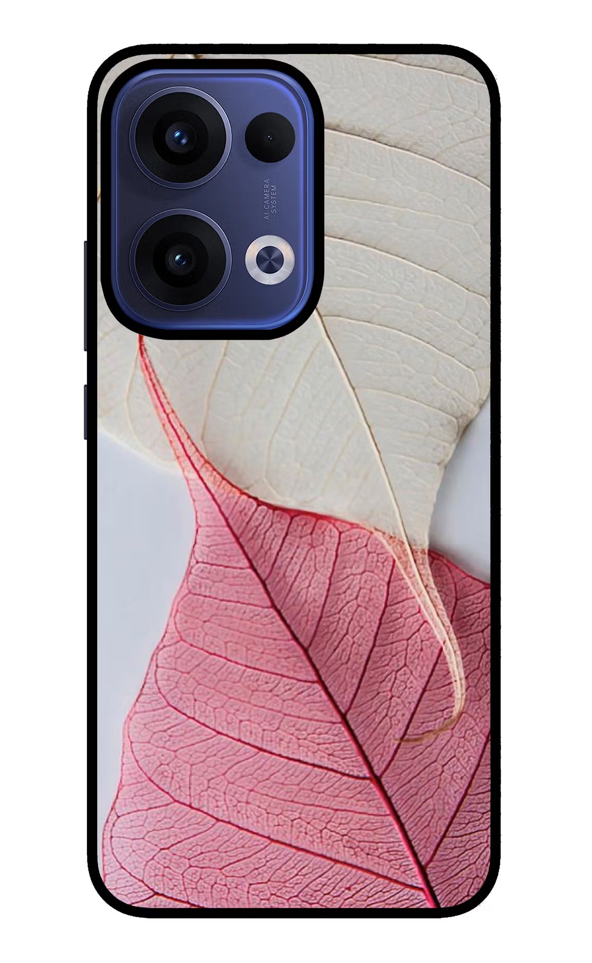 White Pink Leaf Oppo Reno13 5G Glass Case Back Cover by Casekaro