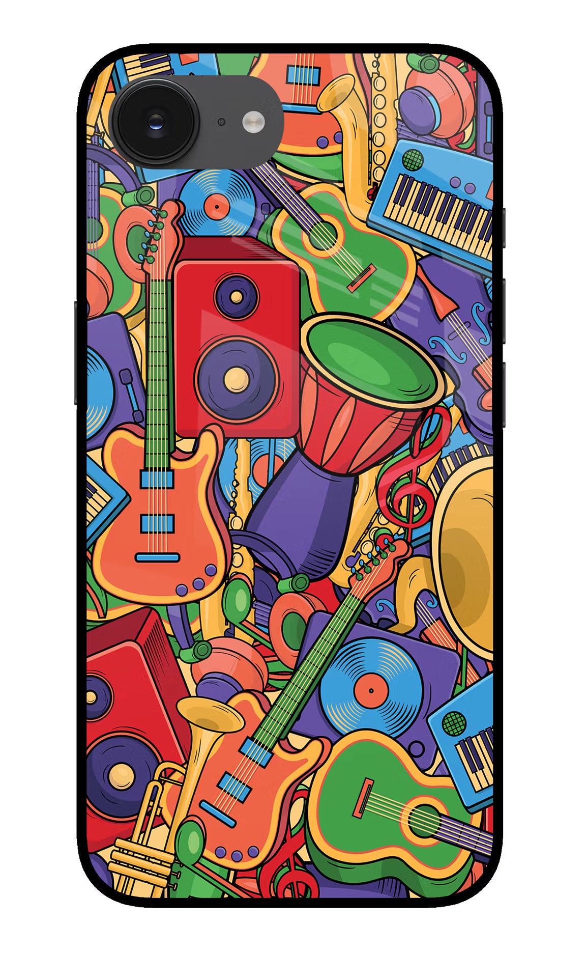 Music Instrument Doodle iPhone 16e Back Cover - Music Instrument Doodle iPhone 16e Glass Case Back Cover by Casekaro Music Instrument Doodle iPhone 16e Glass Case Back Cover by Casekaro