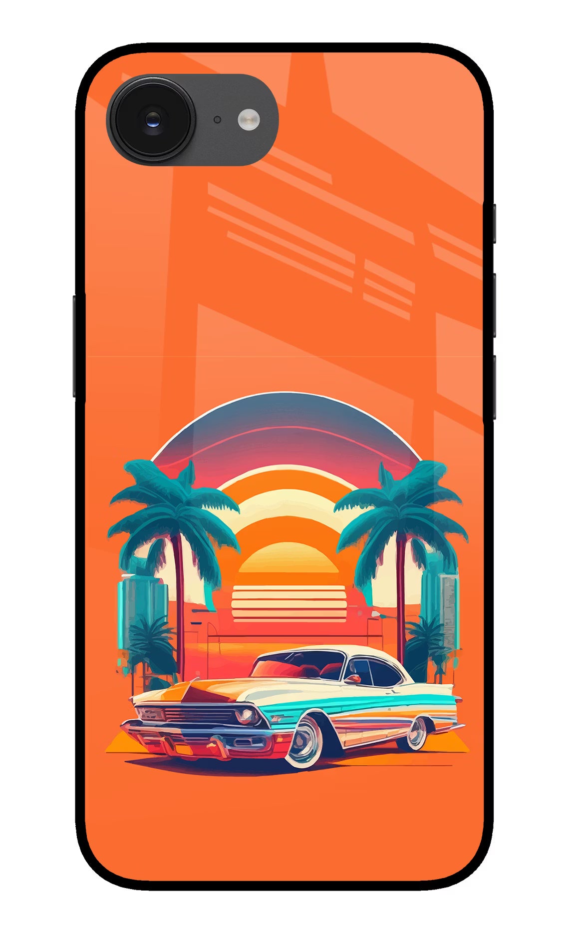 Palm Drive 80s iPhone 16e Back Cover - Palm Drive 80s iPhone 16e Glass Case Back Cover by Casekaro Palm Drive 80s iPhone 16e Glass Case Back Cover by Casekaro