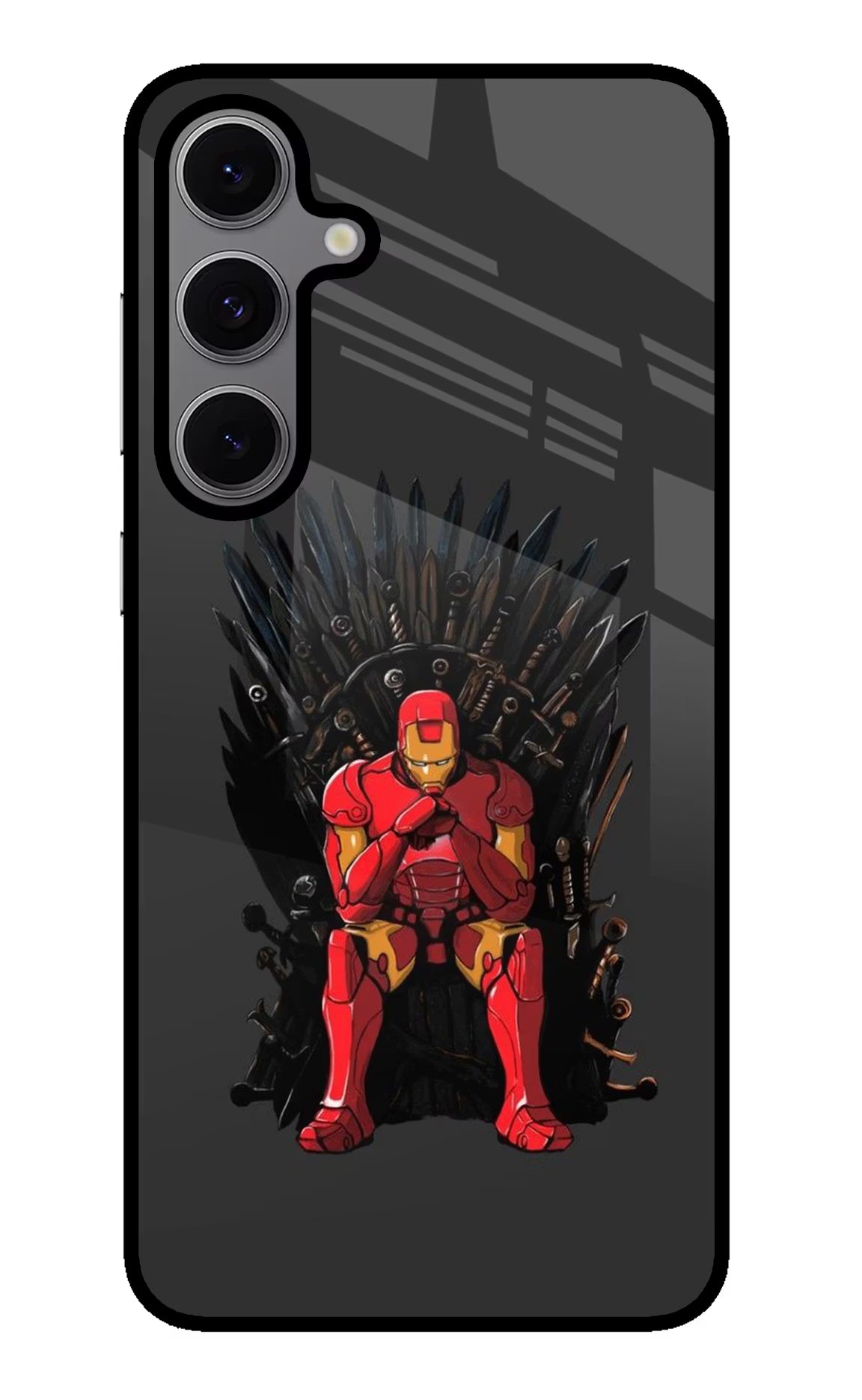 Ironman Throne Samsung S24 FE 5G Back Cover - Ironman Throne Samsung S24 FE 5G Glass Case Back Cover by Casekaro Ironman Throne Samsung S24 FE 5G Glass Case Back Cover by Casekaro