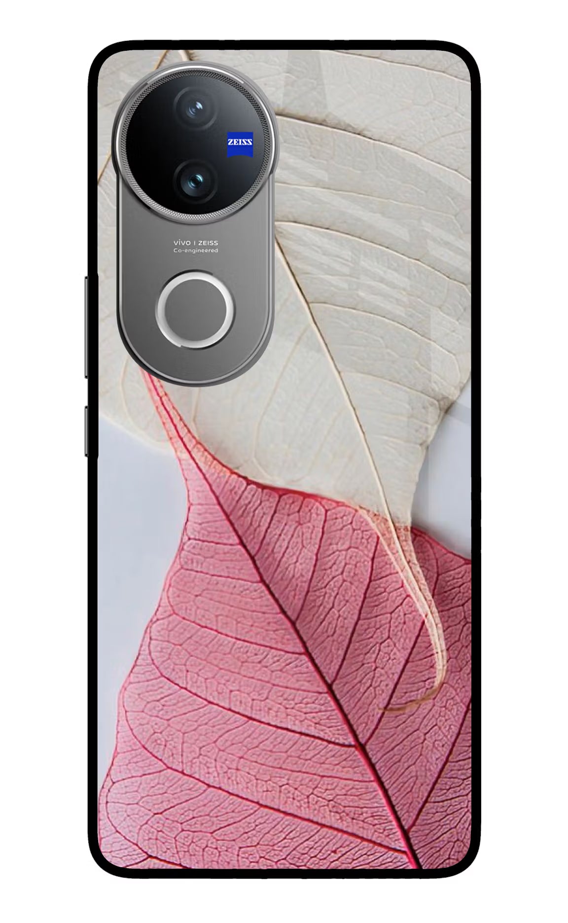 White Pink Leaf Vivo V50 5G Back Cover - White Pink Leaf Vivo V50 5G Glass Case Back Cover by Casekaro White Pink Leaf Vivo V50 5G Glass Case Back Cover by Casekaro