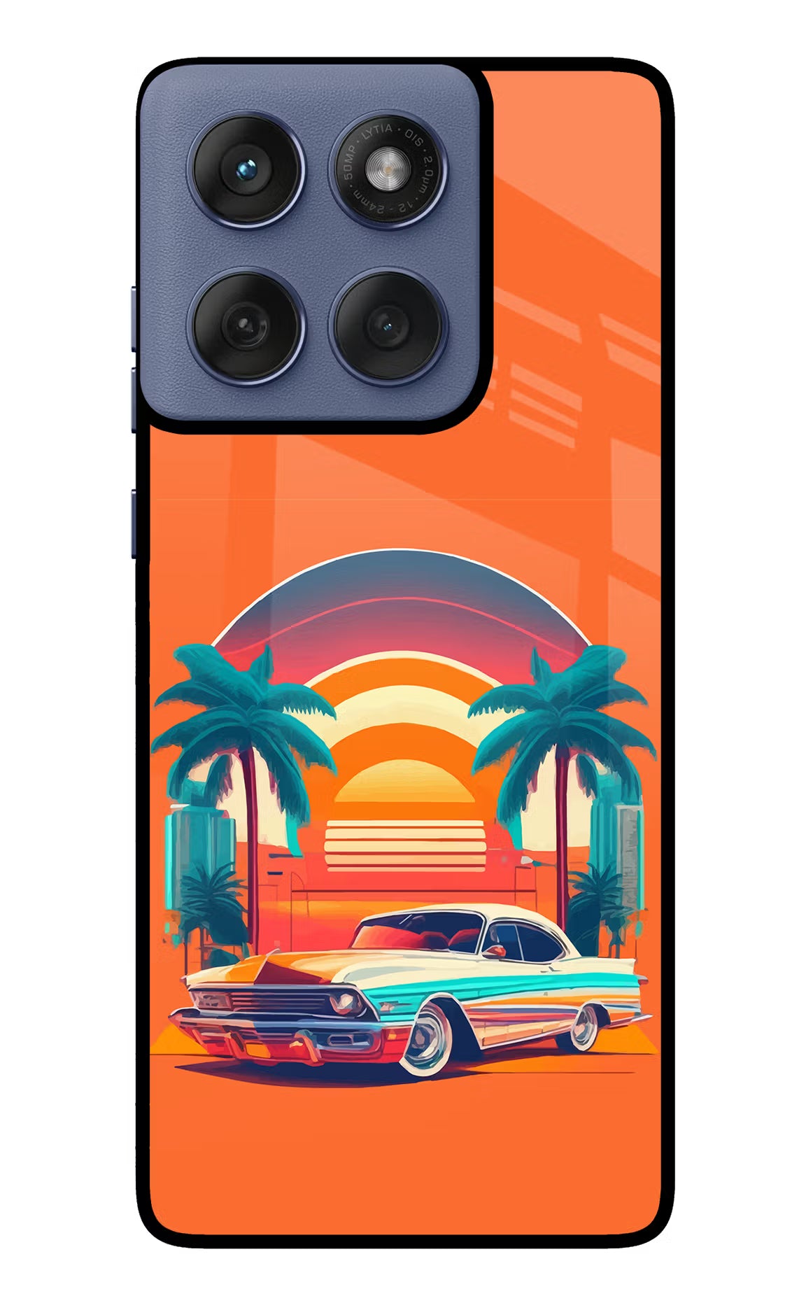 Palm Drive 80s Moto Edge 60 Fusion Back Cover - Palm Drive 80s Moto Edge 60 Fusion Glass Case Back Cover by Casekaro Palm Drive 80s Moto Edge 60 Fusion Glass Case Back Cover by Casekaro