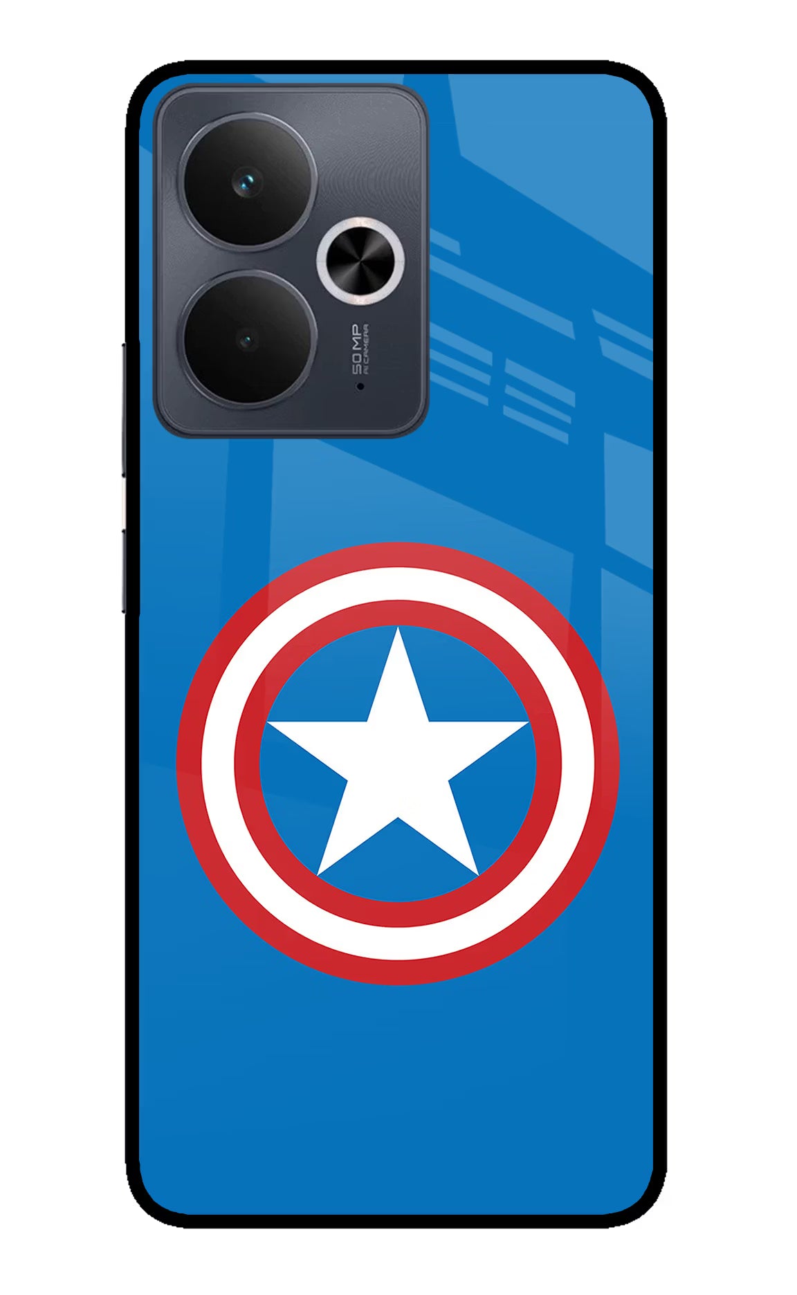 Captain America Logo Realme 14T 5G Back Cover - Captain America Logo Realme 14T 5G Glass Case Back Cover by Casekaro Captain America Logo Realme 14T 5G Glass Case Back Cover by Casekaro