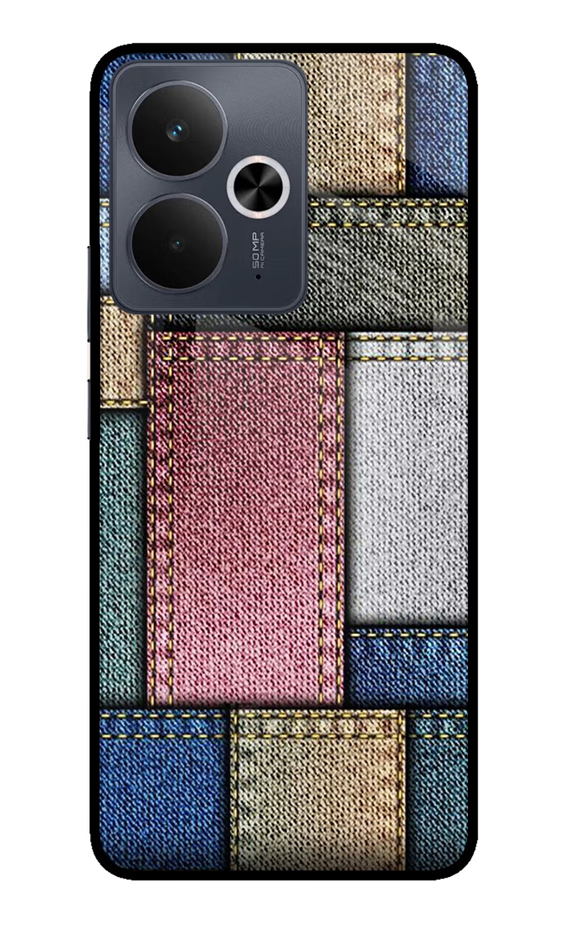 Multicolor Jeans Realme 14T 5G Back Cover - Multicolor Jeans Realme 14T 5G Glass Case Back Cover by Casekaro Multicolor Jeans Realme 14T 5G Glass Case Back Cover by Casekaro
