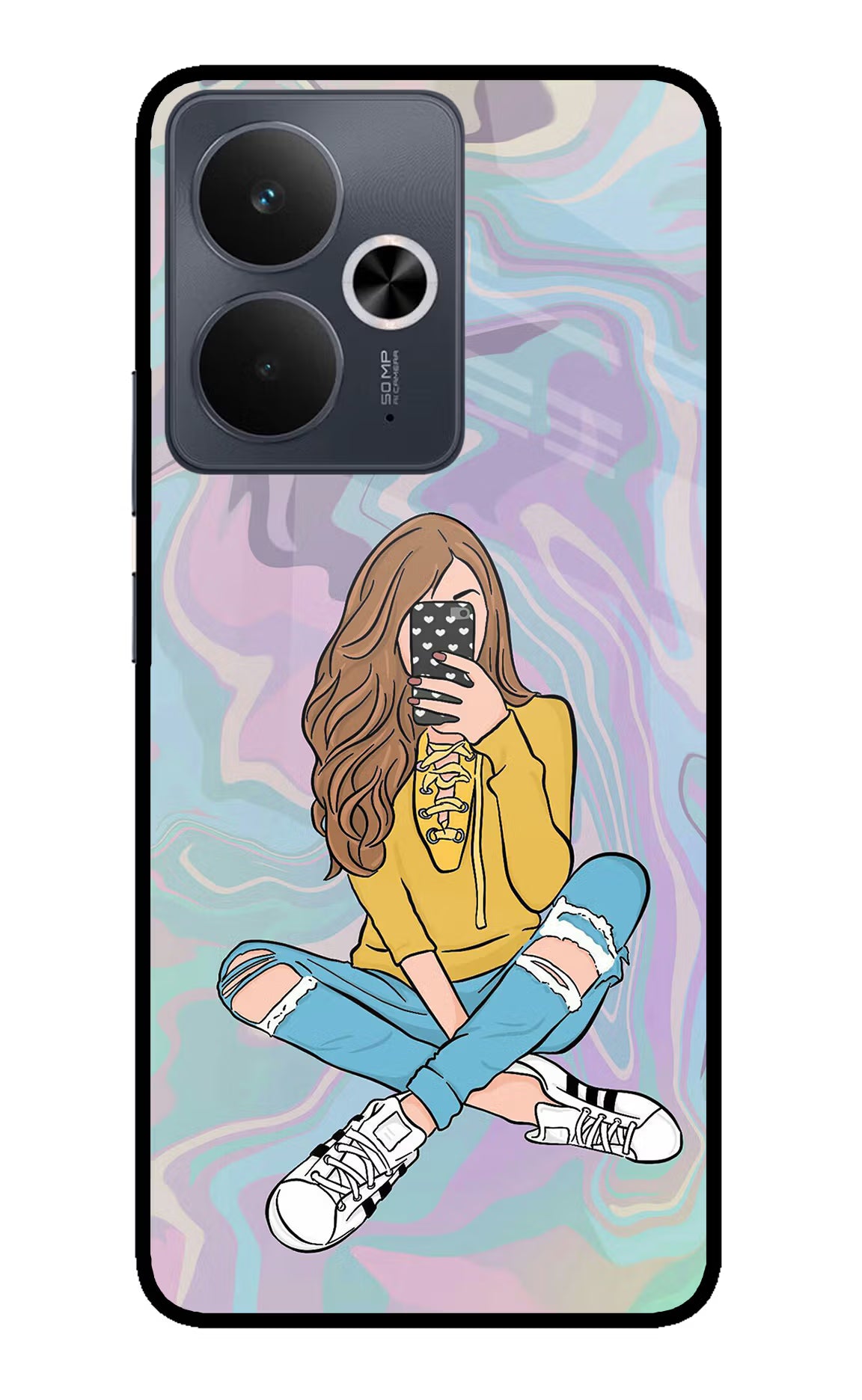 Selfie Girl Realme 14T 5G Back Cover - Selfie Girl Realme 14T 5G Glass Case Back Cover by Casekaro Selfie Girl Realme 14T 5G Glass Case Back Cover by Casekaro