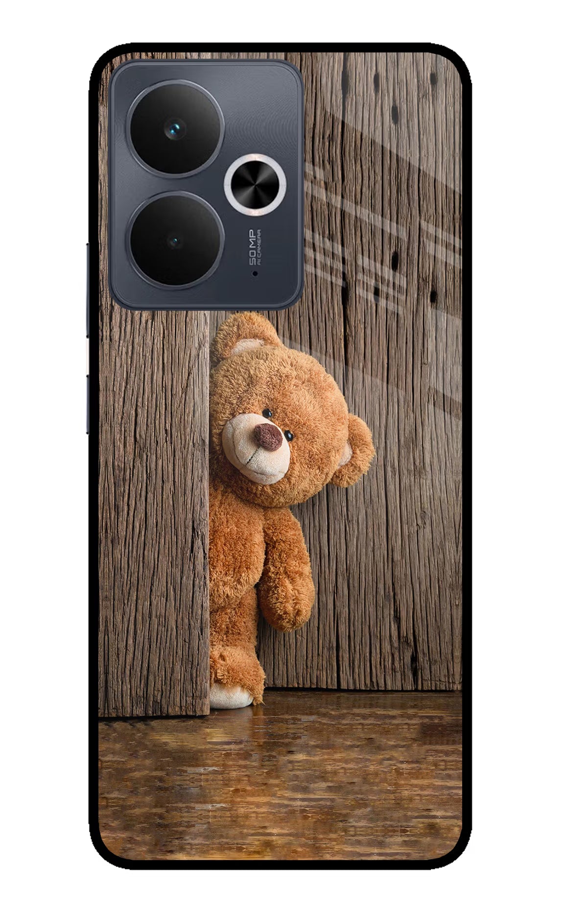 Teddy Wooden Realme 14T 5G Back Cover - Teddy Wooden Realme 14T 5G Glass Case Back Cover by Casekaro Teddy Wooden Realme 14T 5G Glass Case Back Cover by Casekaro