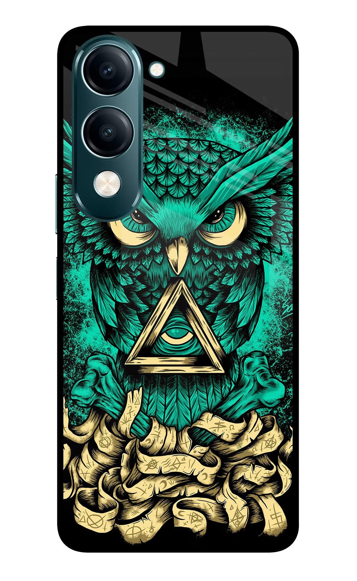 Green Owl Vivo Y19s 5G Back Cover - Green Owl Vivo Y19s 5G Glass Case Back Cover by Casekaro Green Owl Vivo Y19s 5G Glass Case Back Cover by Casekaro
