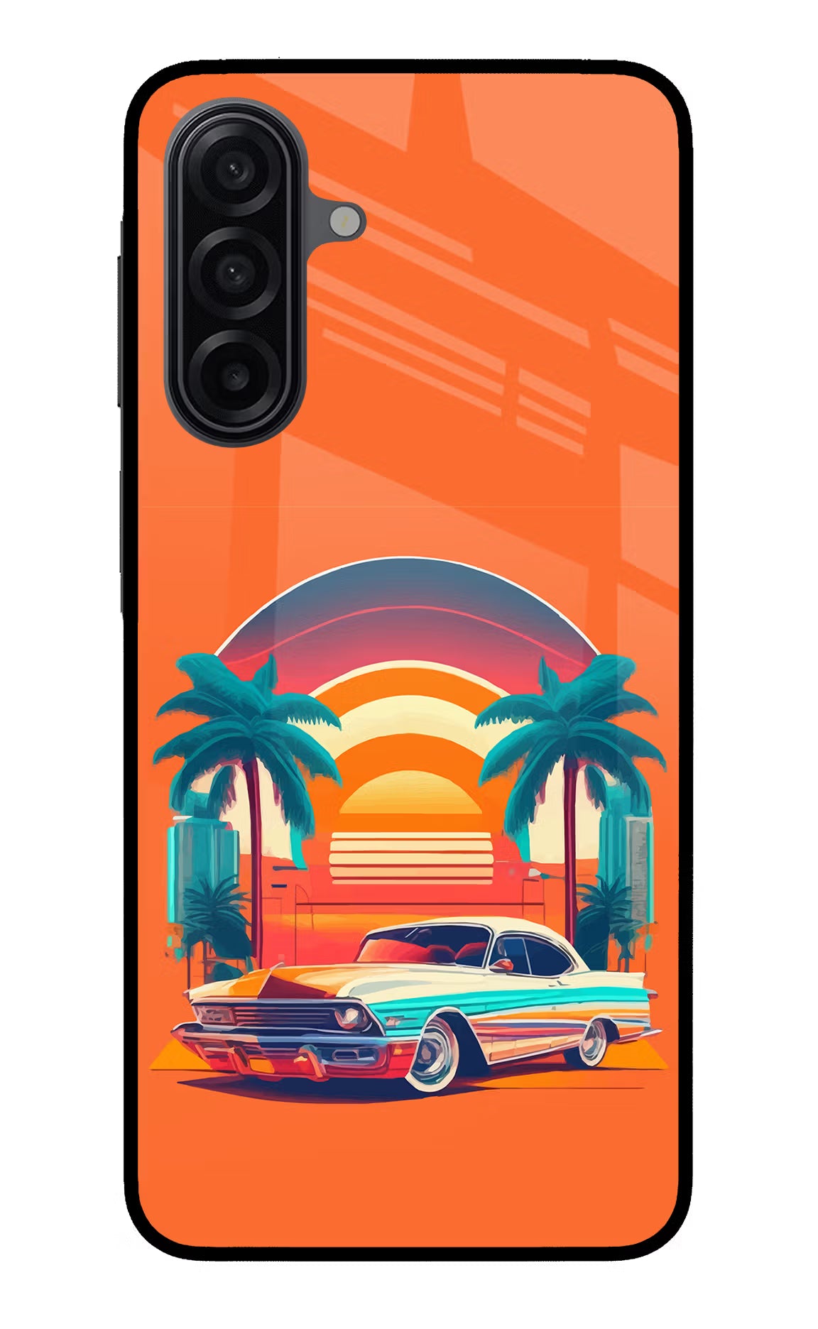 Palm Drive 80s Samsung A17 5G Back Cover - Palm Drive 80s Samsung A17 5G Glass Case Back Cover by Casekaro Palm Drive 80s Samsung A17 5G Glass Case Back Cover by Casekaro