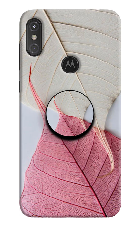 White Pink Leaf Moto One Power Pop Case by Casekaro