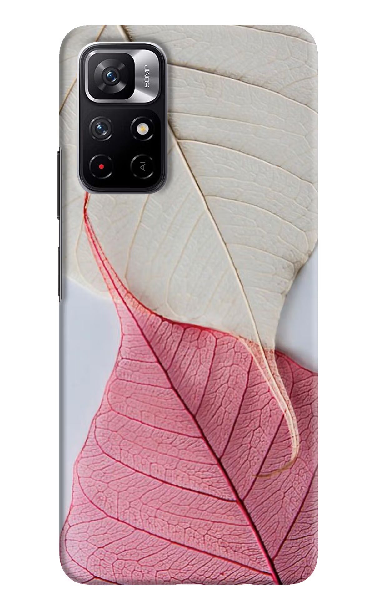 White Pink Leaf Poco M4 Pro 5G Hard Case Back Cover by Casekaro
