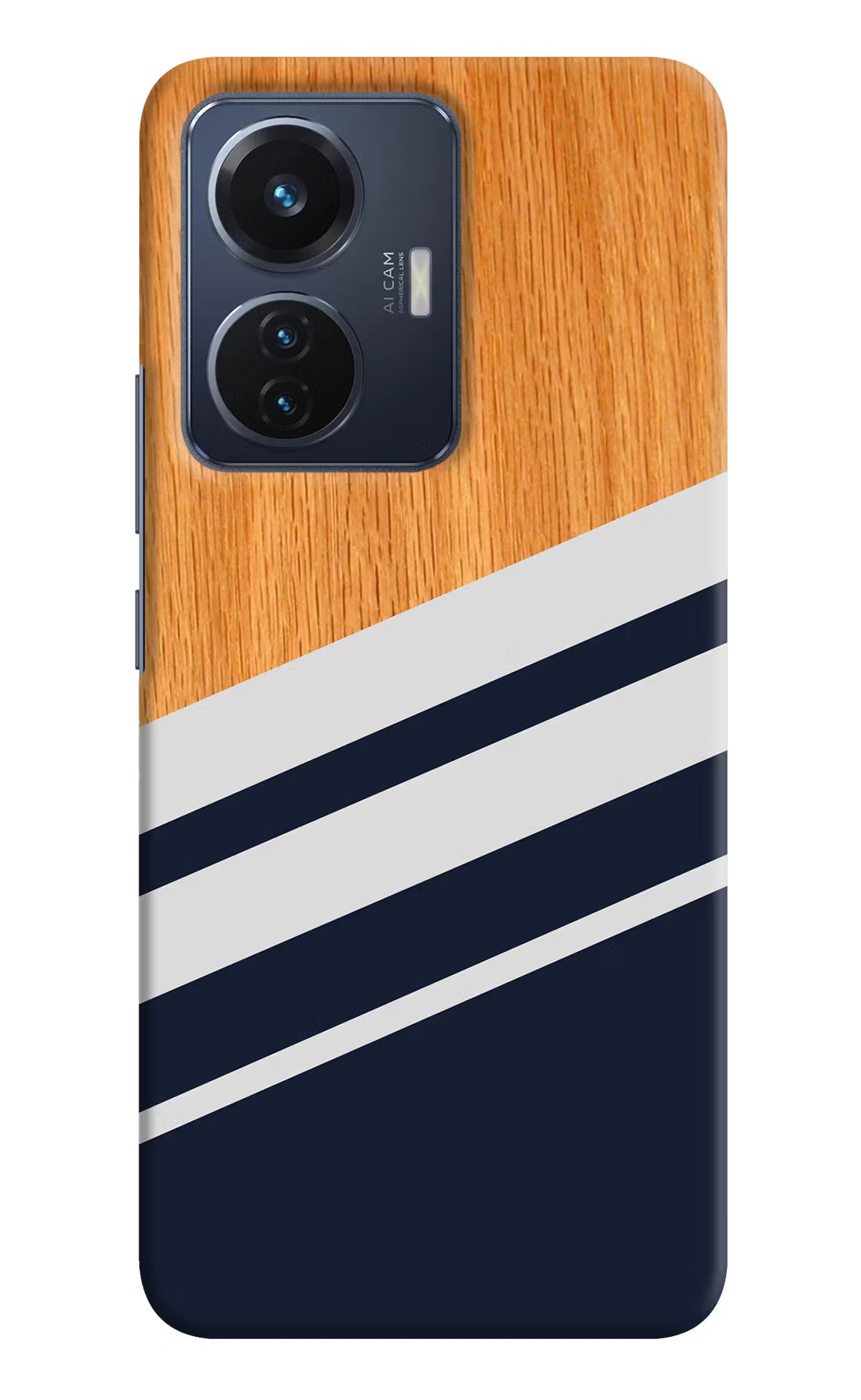 Blue and white wooden Vivo T1 44W Hard Case Back Cover by Casekaro