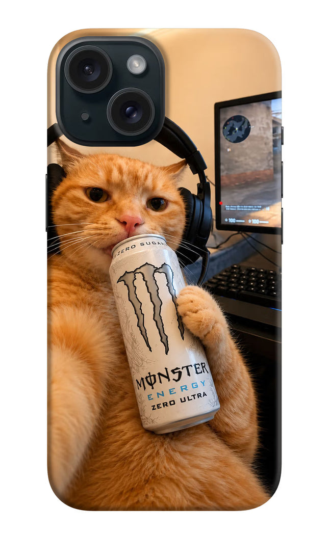 Gamer Cat Energy iPhone 15 Hard Case Back Cover by Casekaro