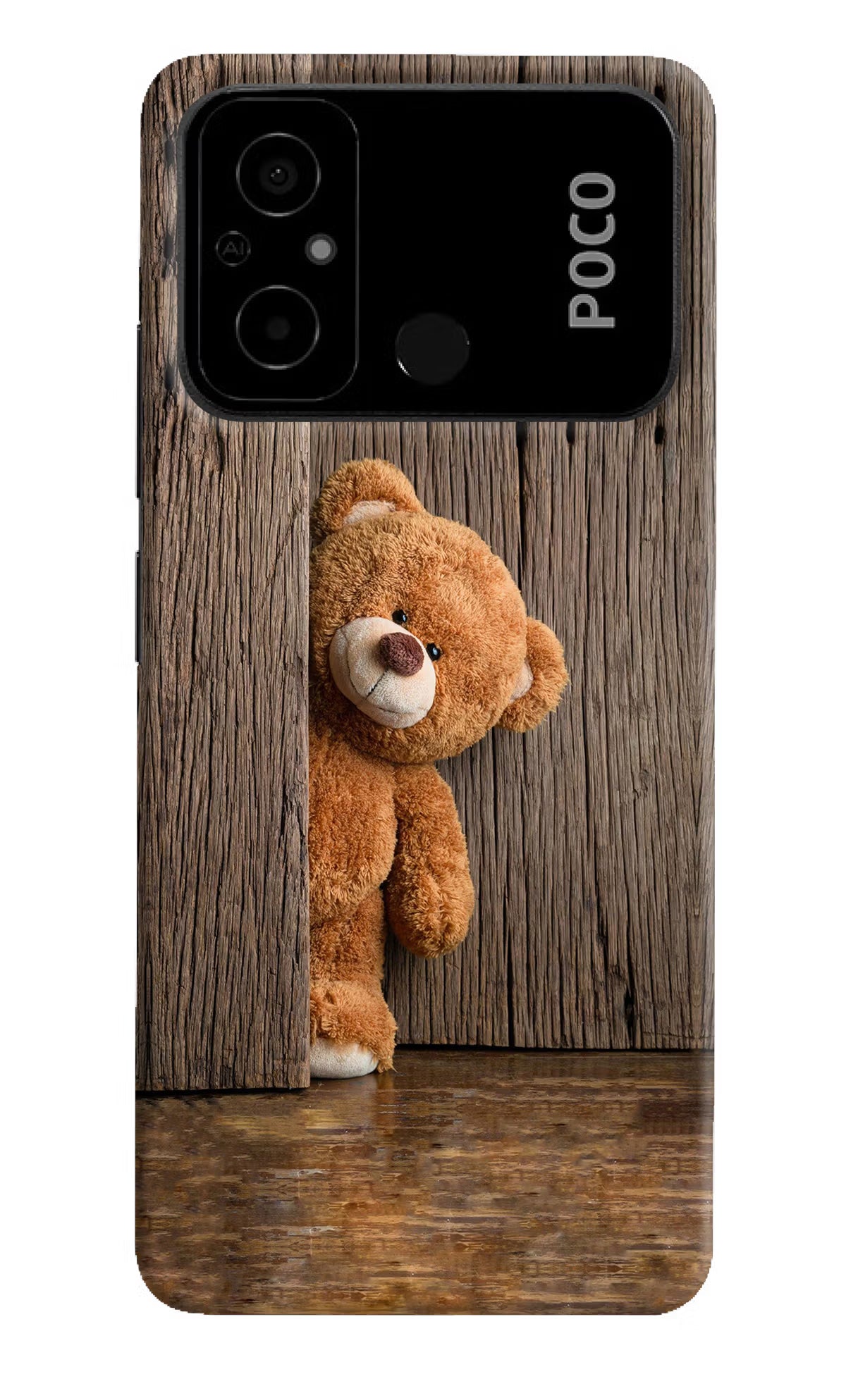 Teddy Wooden Poco C55 Hard Case Back Cover by Casekaro