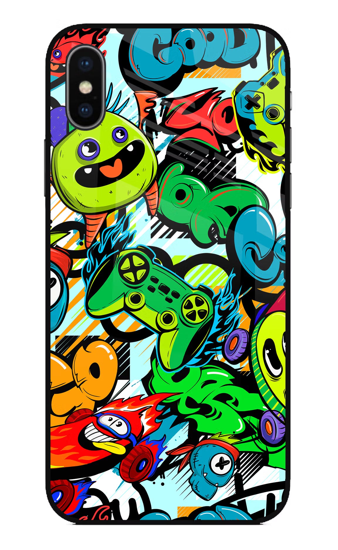 Game Doodle iPhone X Glass Case Back Cover by Casekaro