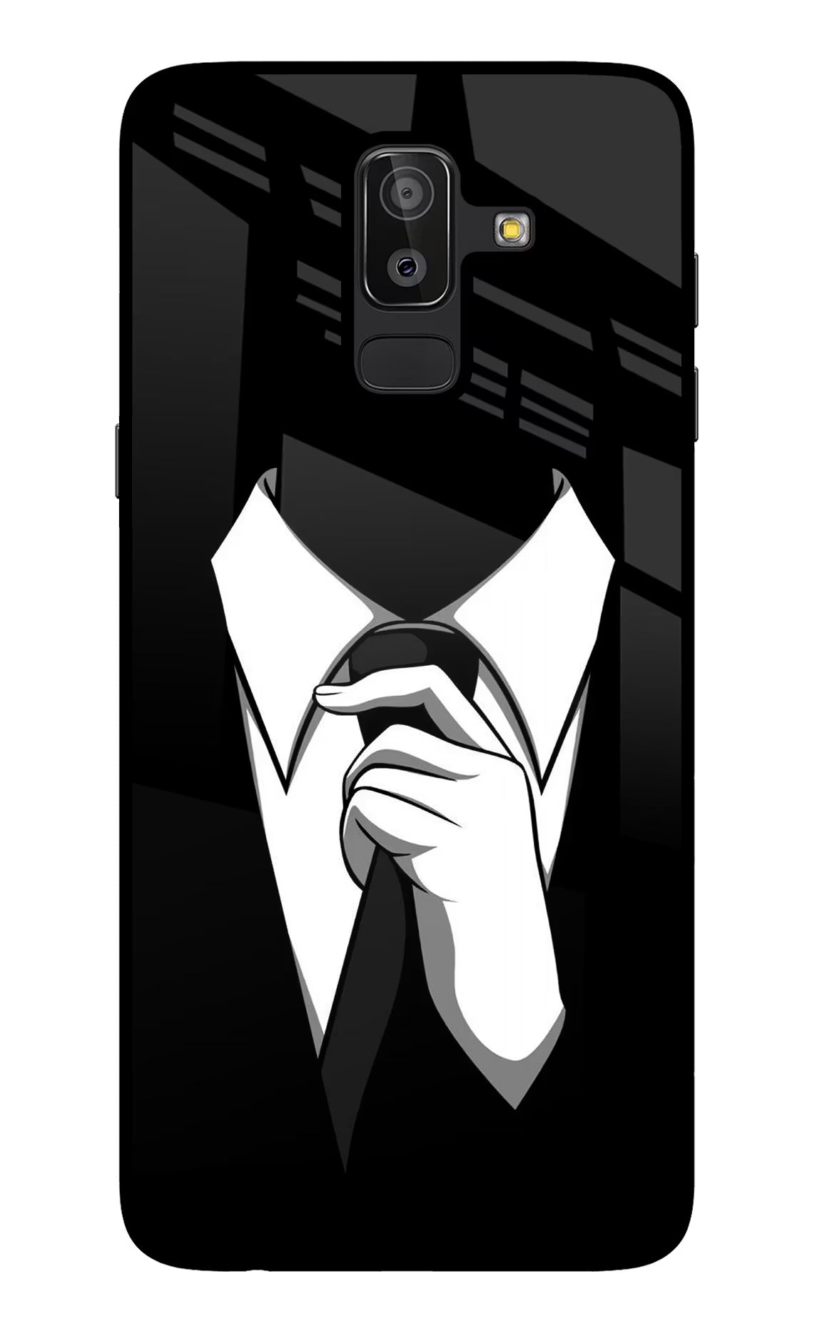 Black Tie Samsung J8 Glass Case Back Cover by Casekaro
