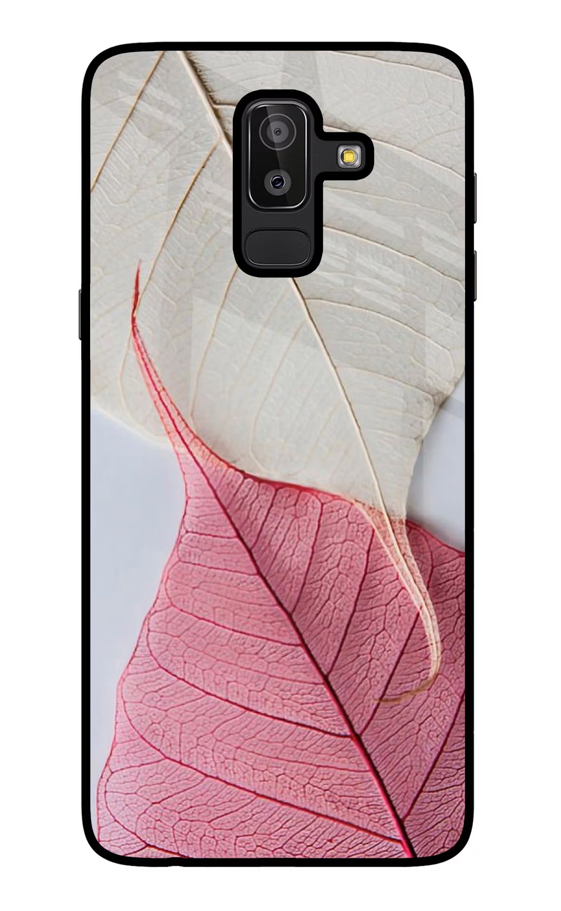 White Pink Leaf Samsung J8 Glass Case Back Cover by Casekaro