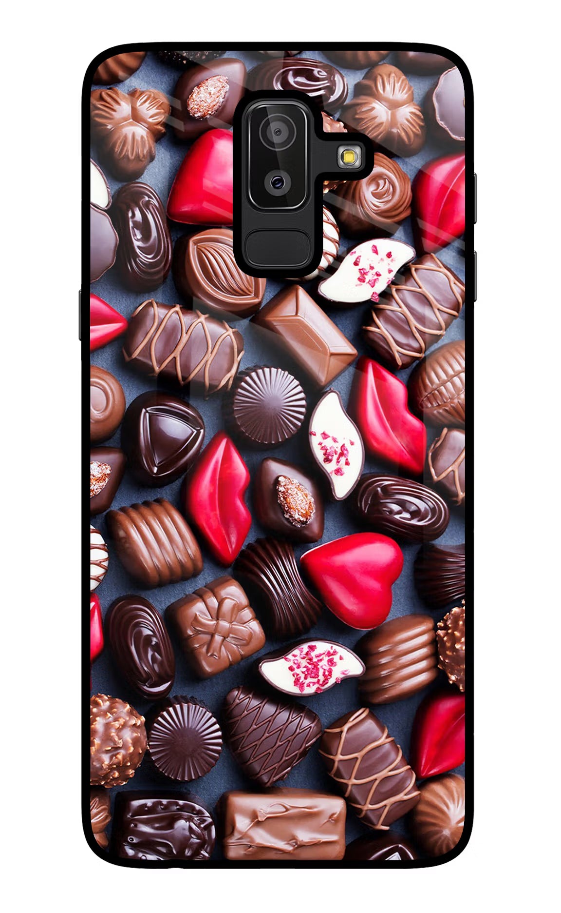 Chocolates Samsung J8 Glass Case Back Cover by Casekaro
