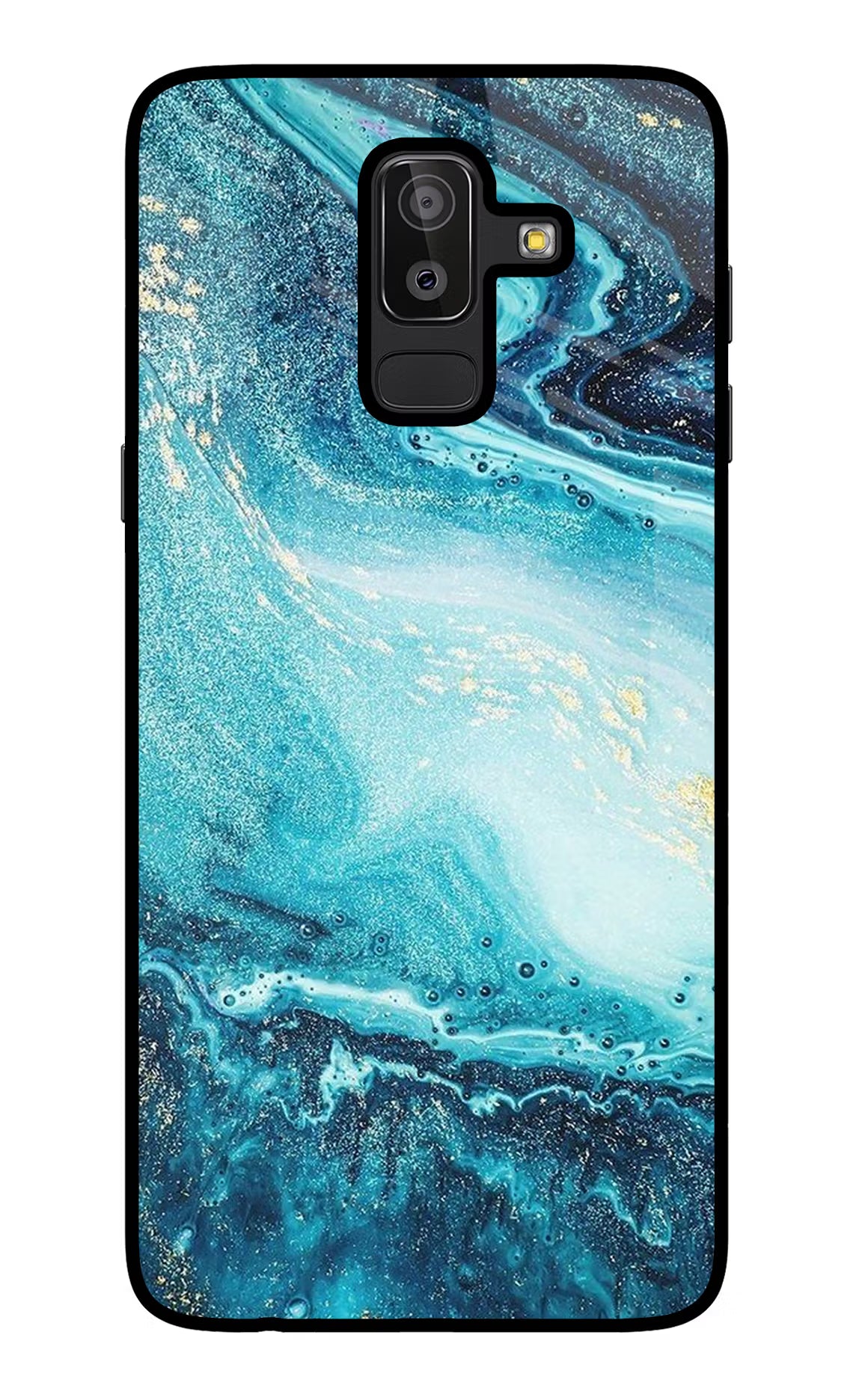 Blue Glitter Marble Samsung J8 Glass Case Back Cover by Casekaro