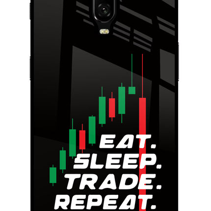 Eat Sleep Trade Repeat Oneplus 6T Glass Case Back Cover by Casekaro