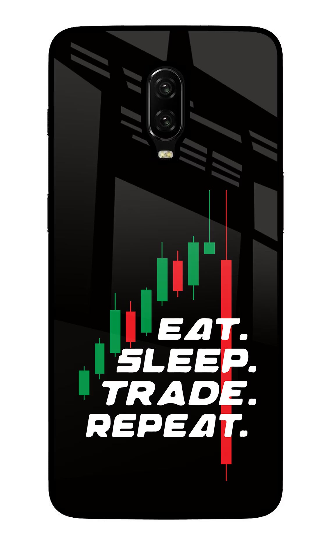 Eat Sleep Trade Repeat Oneplus 6T Glass Case Back Cover by Casekaro