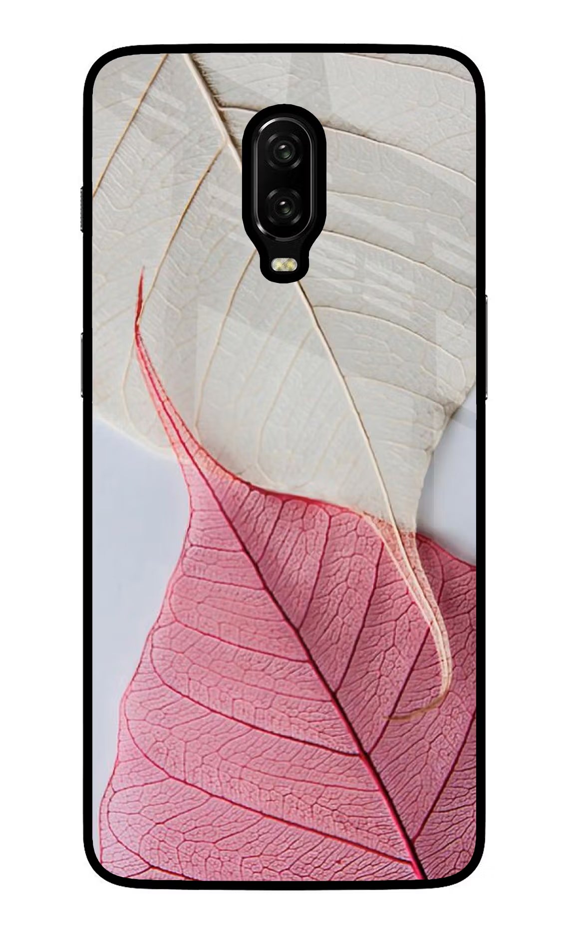 White Pink Leaf Oneplus 6T Glass Case Back Cover by Casekaro