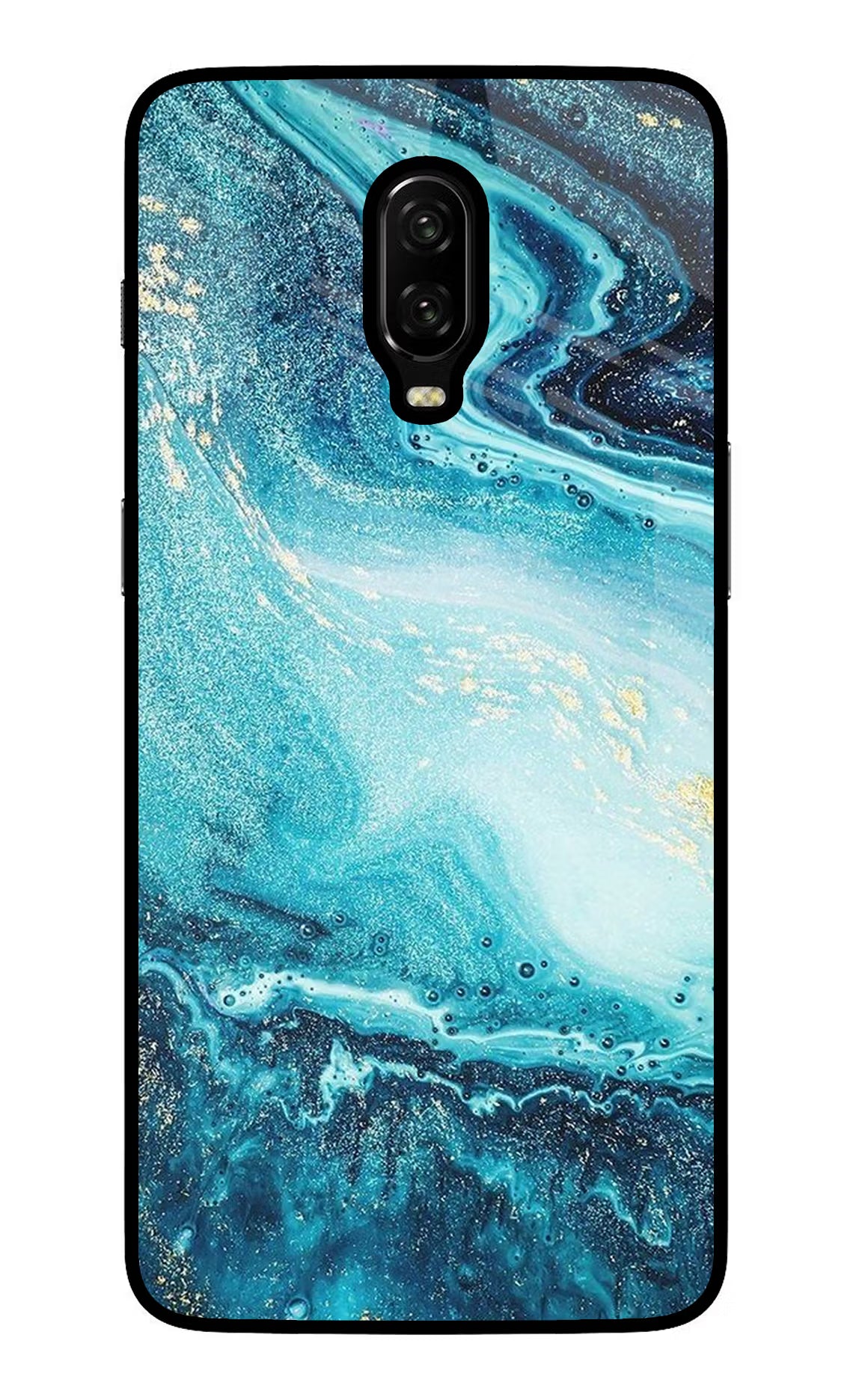 Blue Glitter Marble Oneplus 6T Glass Case Back Cover by Casekaro