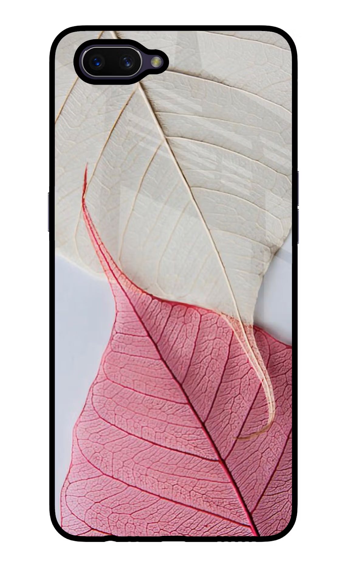 White Pink Leaf Oppo A3S Glass Case Back Cover by Casekaro