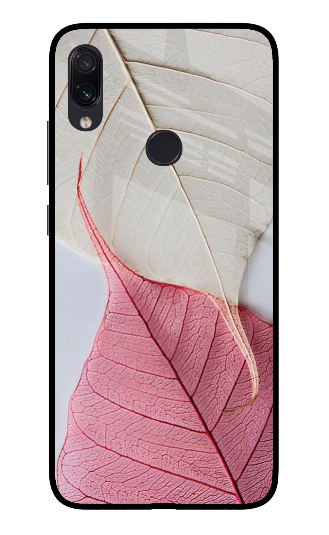 White Pink Leaf Redmi Note 7 Pro Glass Case Back Cover by Casekaro