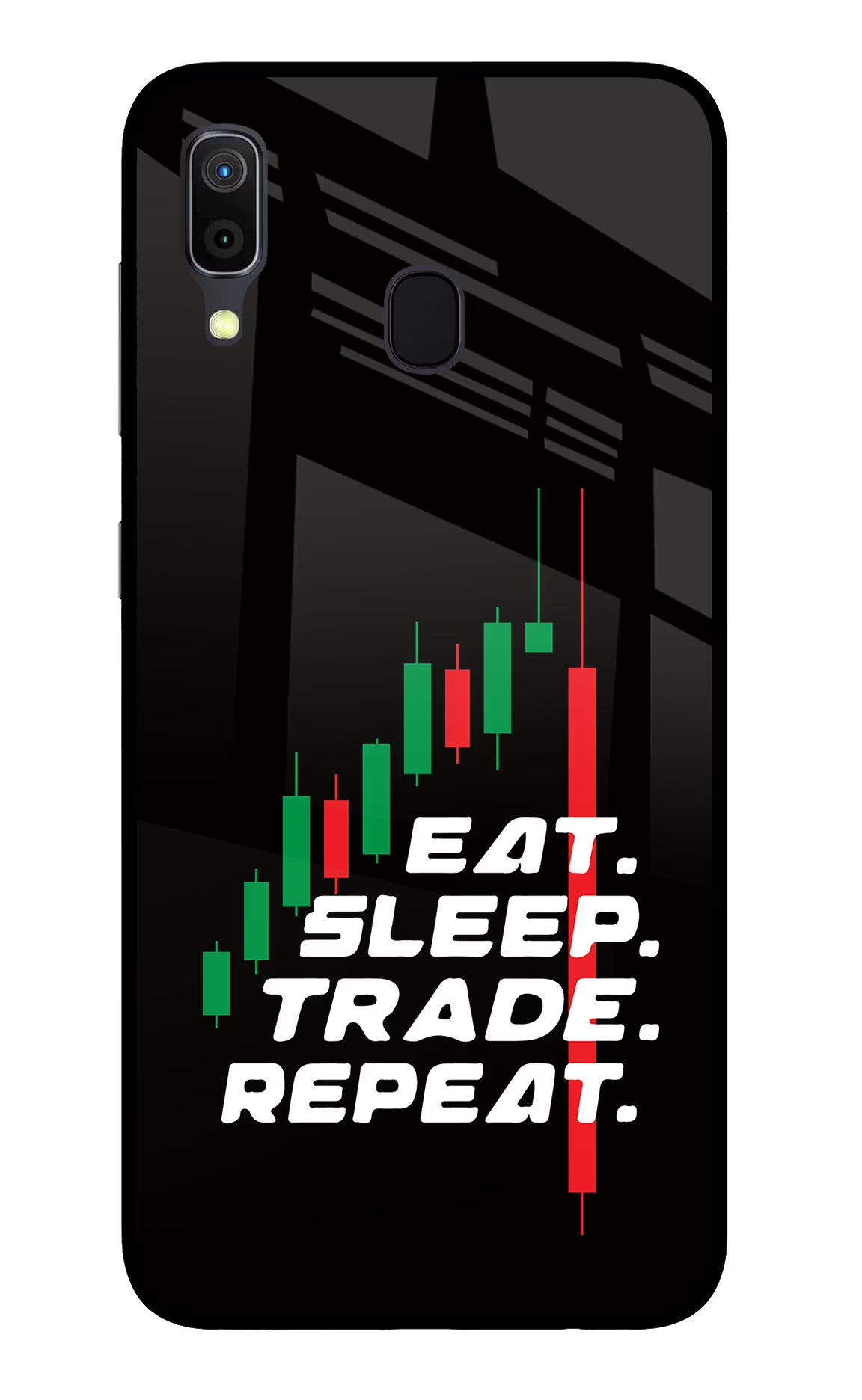 Eat Sleep Trade Repeat Samsung A30 Glass Case Back Cover by Casekaro