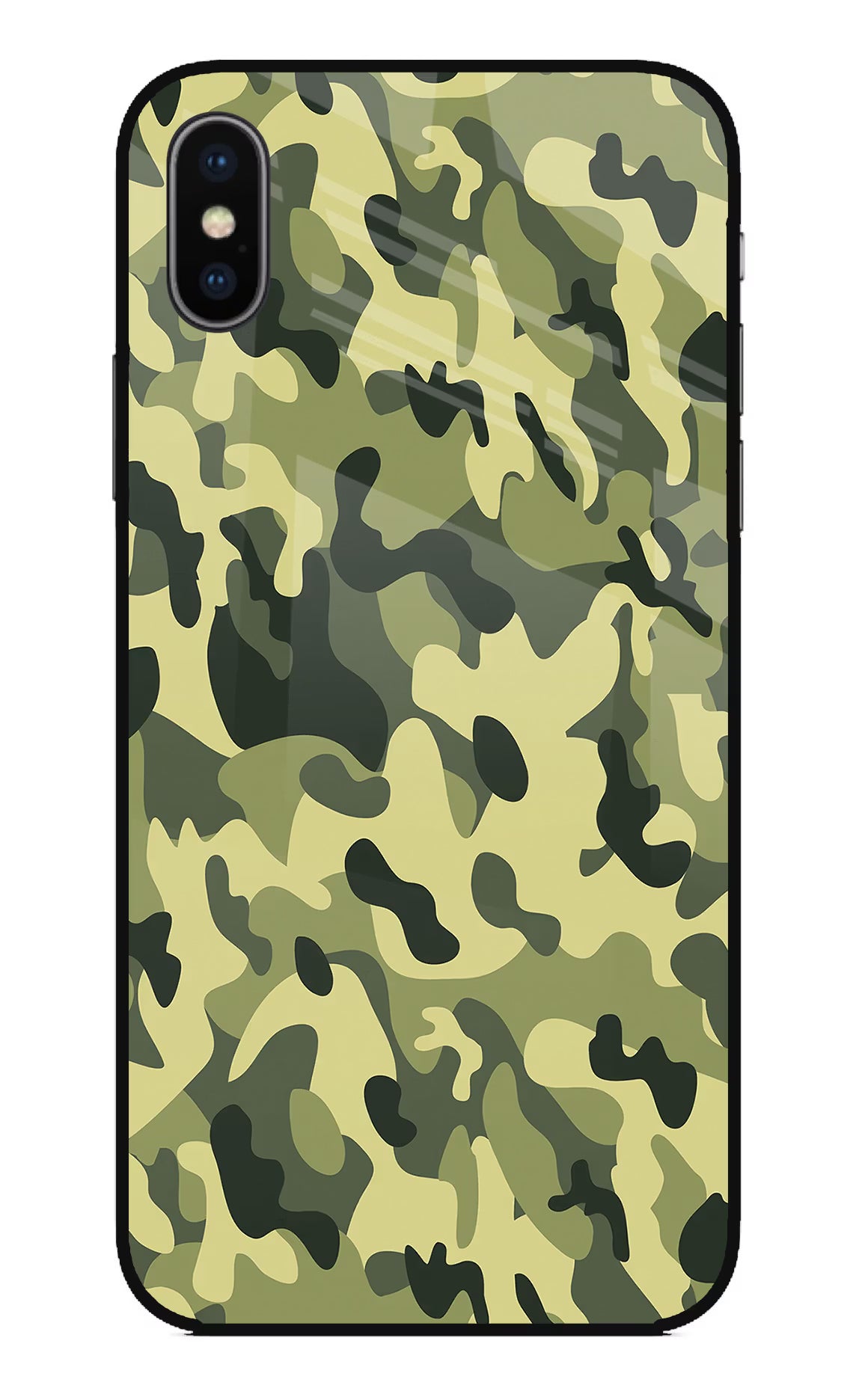 Camouflage iPhone XS Glass Case Back Cover by Casekaro
