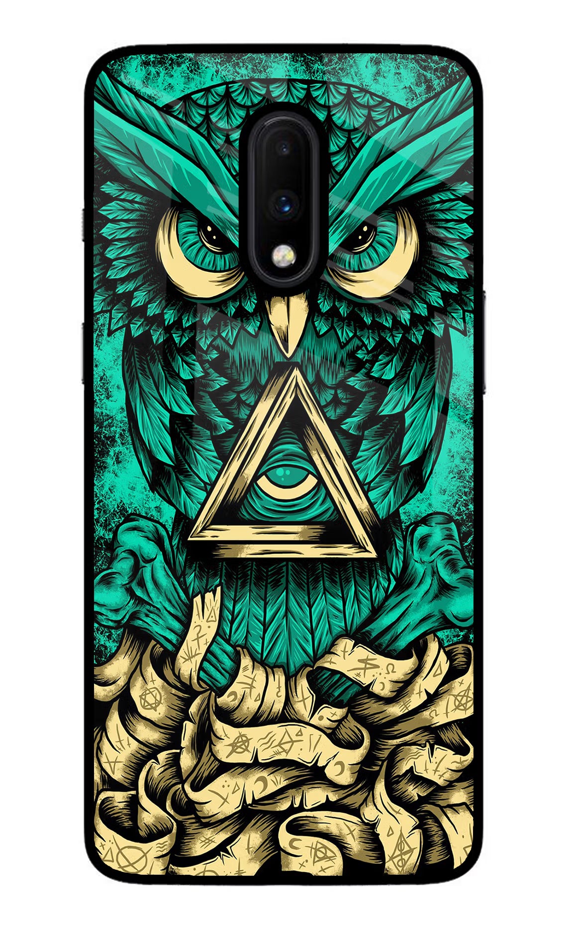 Green Owl Oneplus 7 Glass Case Back Cover by Casekaro