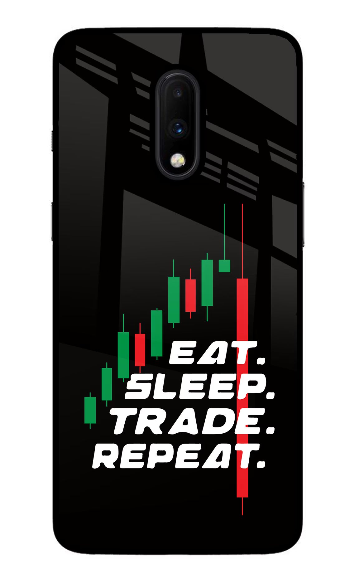 Eat Sleep Trade Repeat Oneplus 7 Glass Case Back Cover by Casekaro