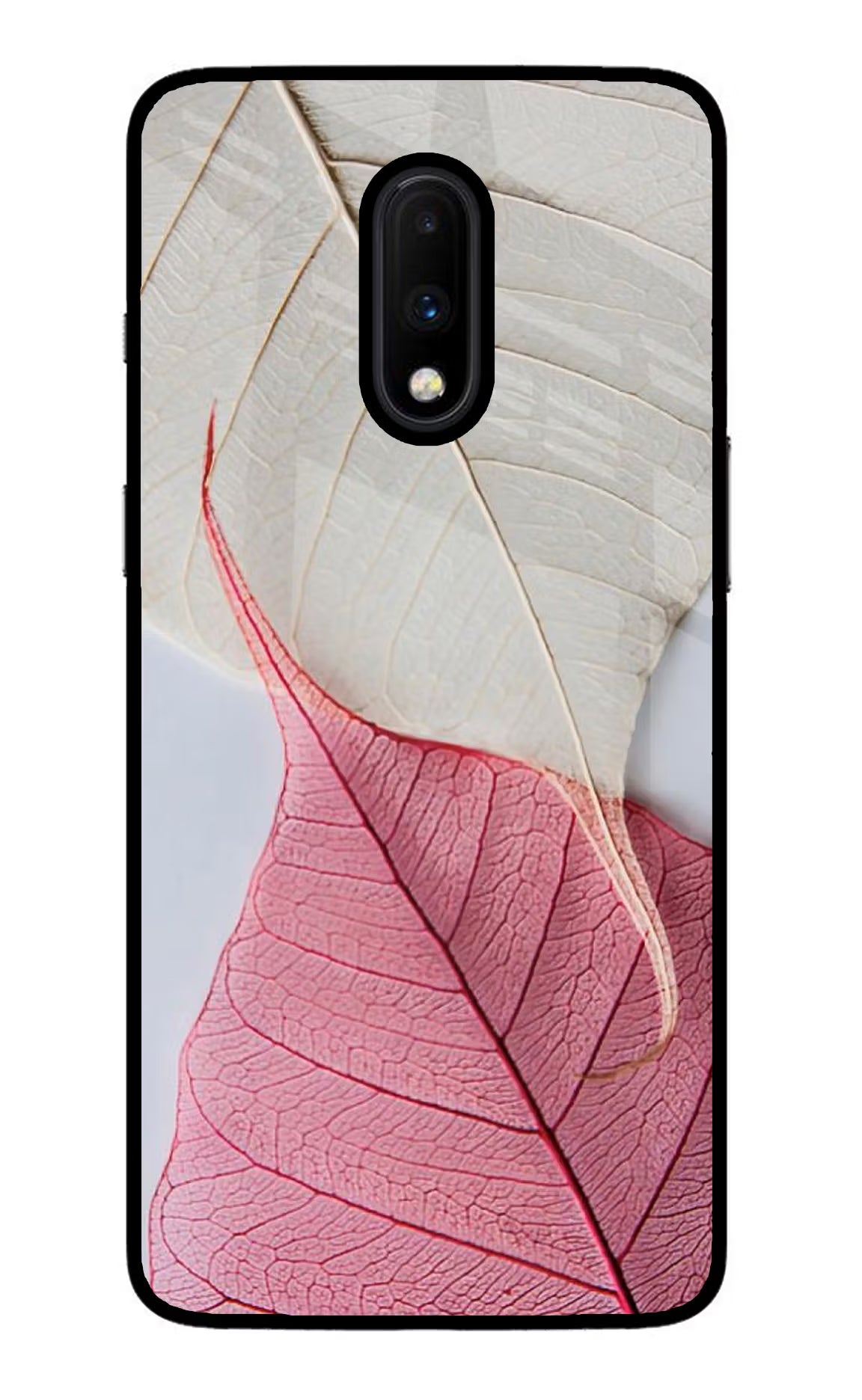 White Pink Leaf Oneplus 7 Glass Case Back Cover by Casekaro